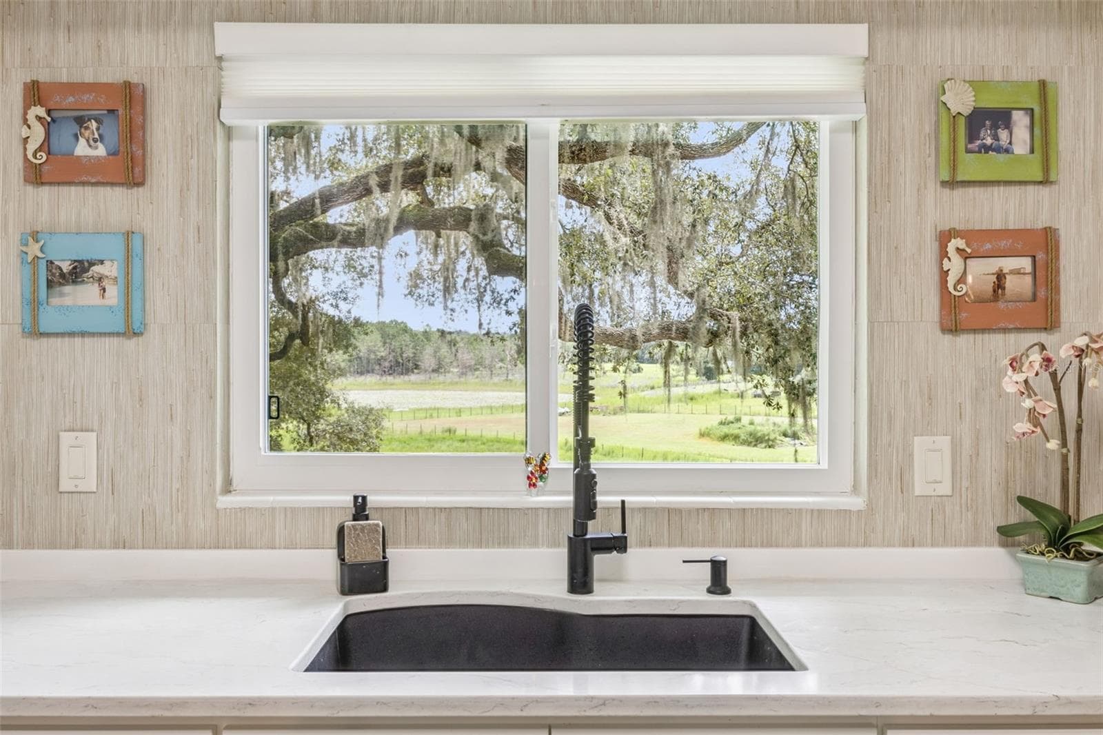 Even the kitchen sink has a view: quartz counters, a designer faucet, and grasscloth accents frame a stunning window overlooking centuries-old oaks and open pasture. - 1476 SPRING LAKE RD, FRUITLAND PARK