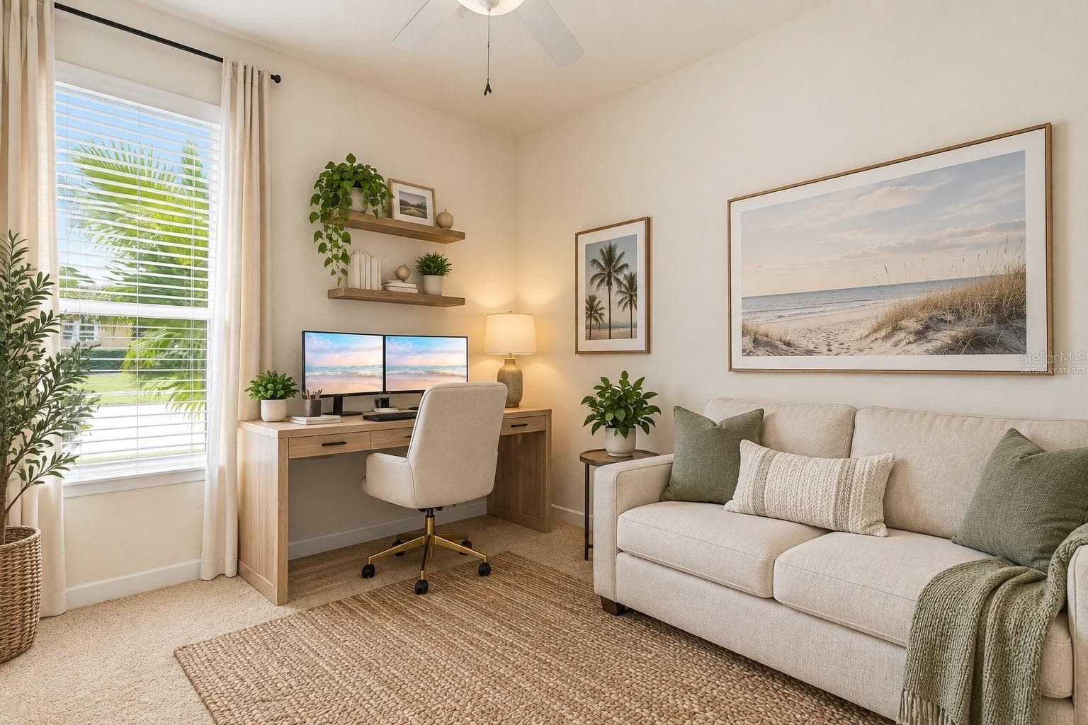 Bedroom / Flex Space – Virtually staged to illustrate furnishing possibilities, this bright secondary bedroom offers a ceiling fan, neutral carpeting, and a large window—also well suited for use as a home office or sitting room. - 114 VIOLA DR, AUBURNDALE