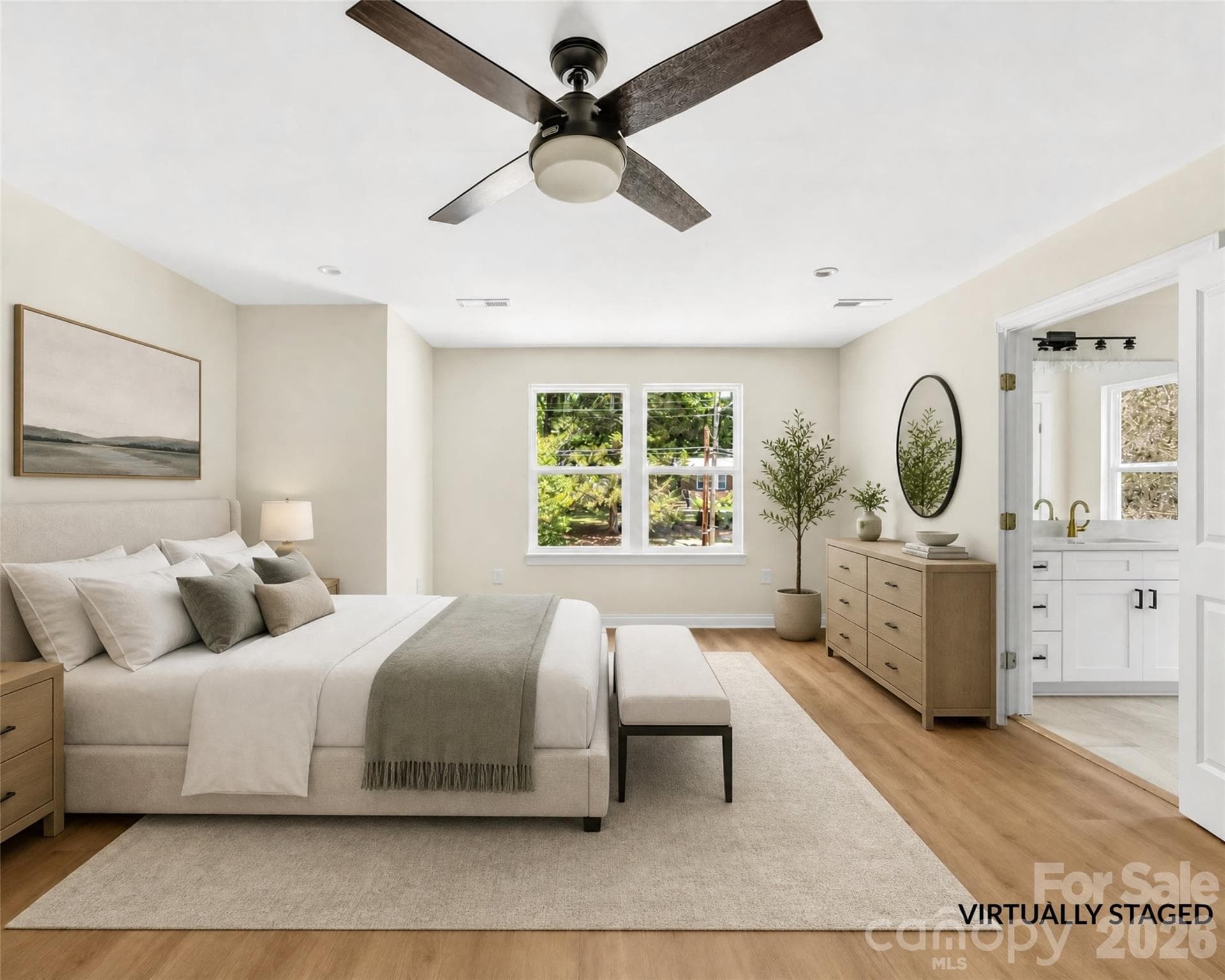 Virtually staged primary bedroom in a new construction 3-bedroom home near NoDa and Plaza Midwood in Charlotte - 1940 Purser Drive, Charlotte