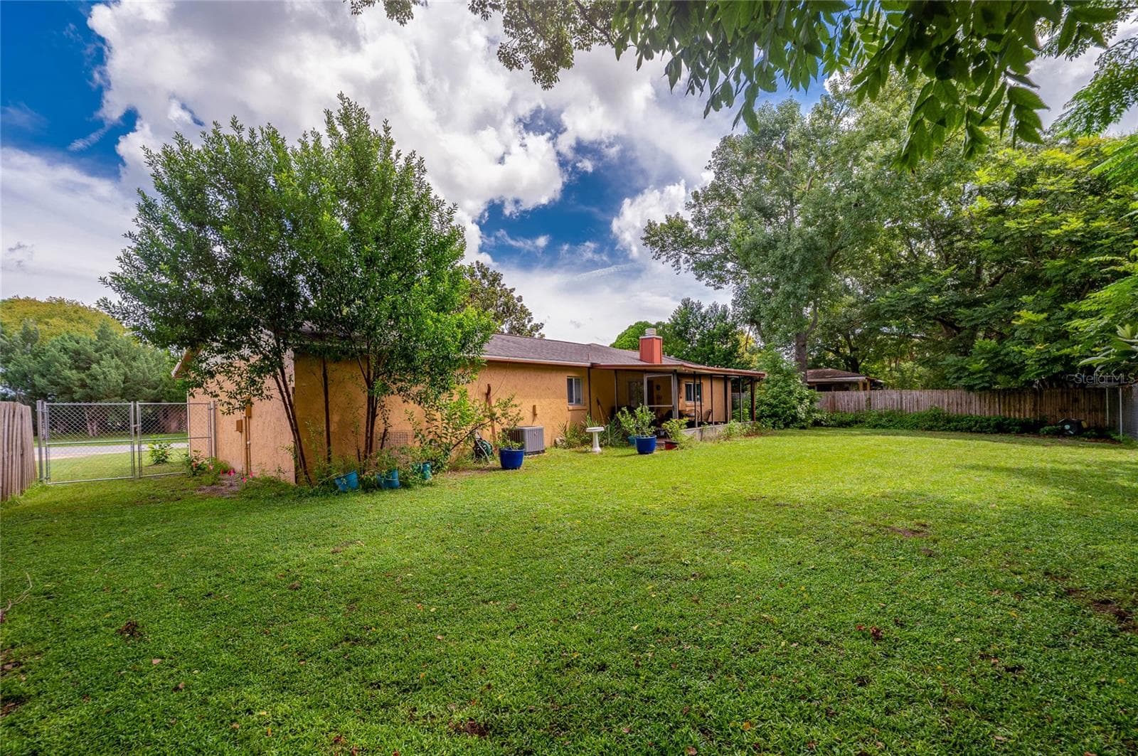 Wide angle of the large grassy backyard framed by mature trees, highlighting the screened patio and side yard access. - 146 WESTWOOD DR, DAYTONA BEACH