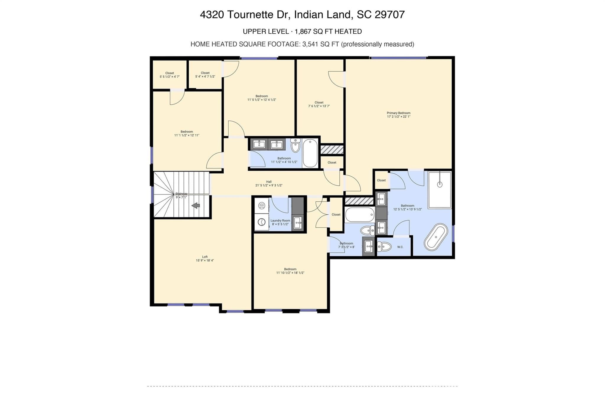 Upper level floor plan, 1,867 heated sq ft (professionally measured) - 4320 Tournette Drive, Indian Land