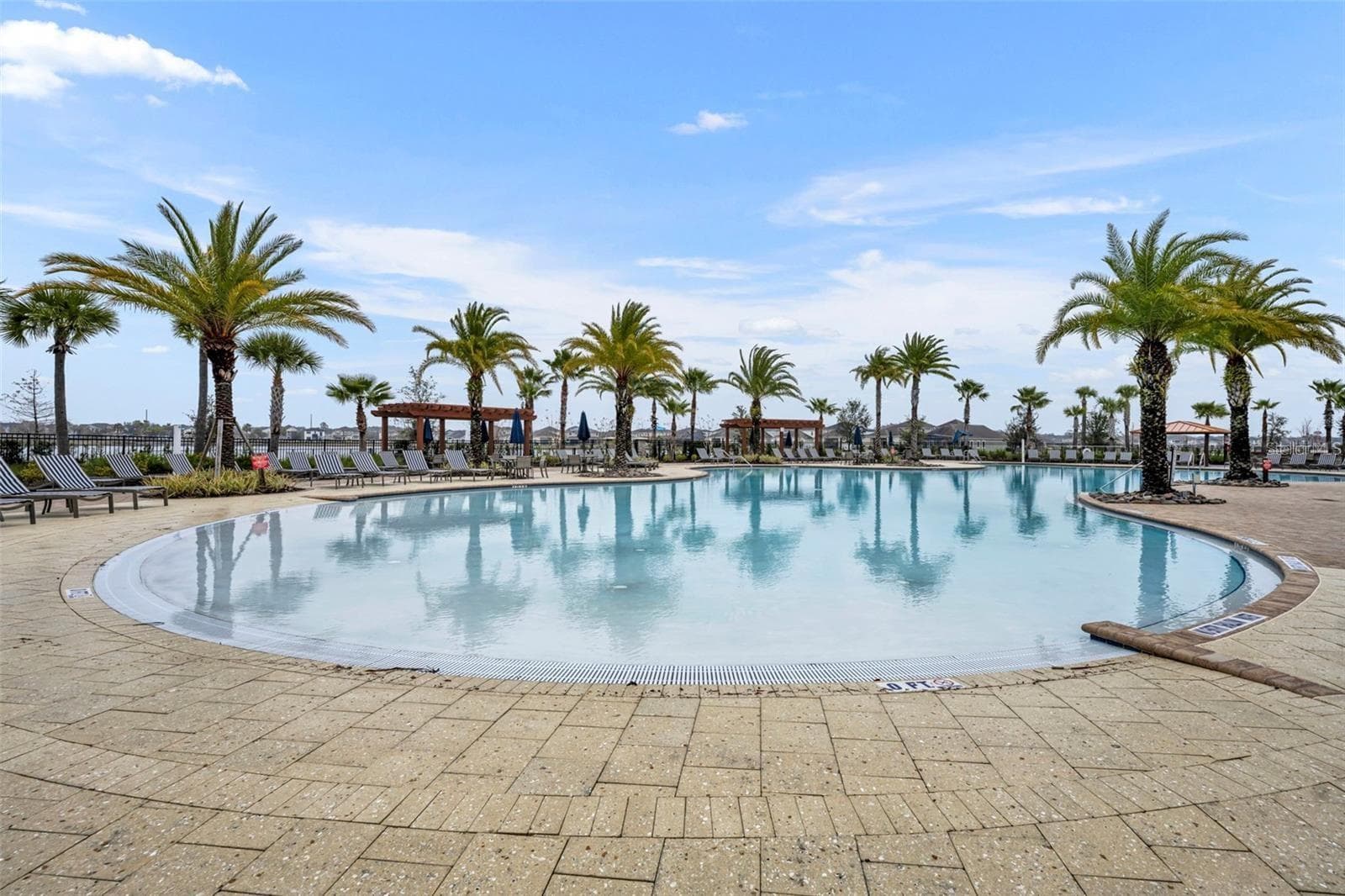 Expansive zero-entry resort-style community pool surrounded by palm trees and lounge seating. - 2615 GIARDINO LOOP, KISSIMMEE