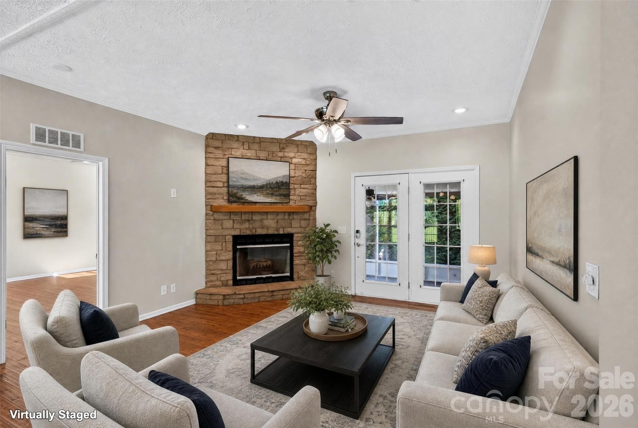 cozy living room with gas fireplace (virtually staged) - 6 Enochs Way, Fletcher