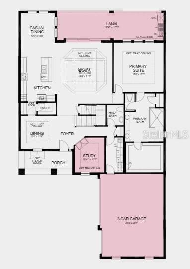 First Floor Plan - Additional Highlights Include: pocket sliding glass door in the great room, tray ceiling package, study with French doors, 8' interior doors, pre-plumb water softener and laundry room sink - 11164 MANOR HOUSE LN, ODESSA