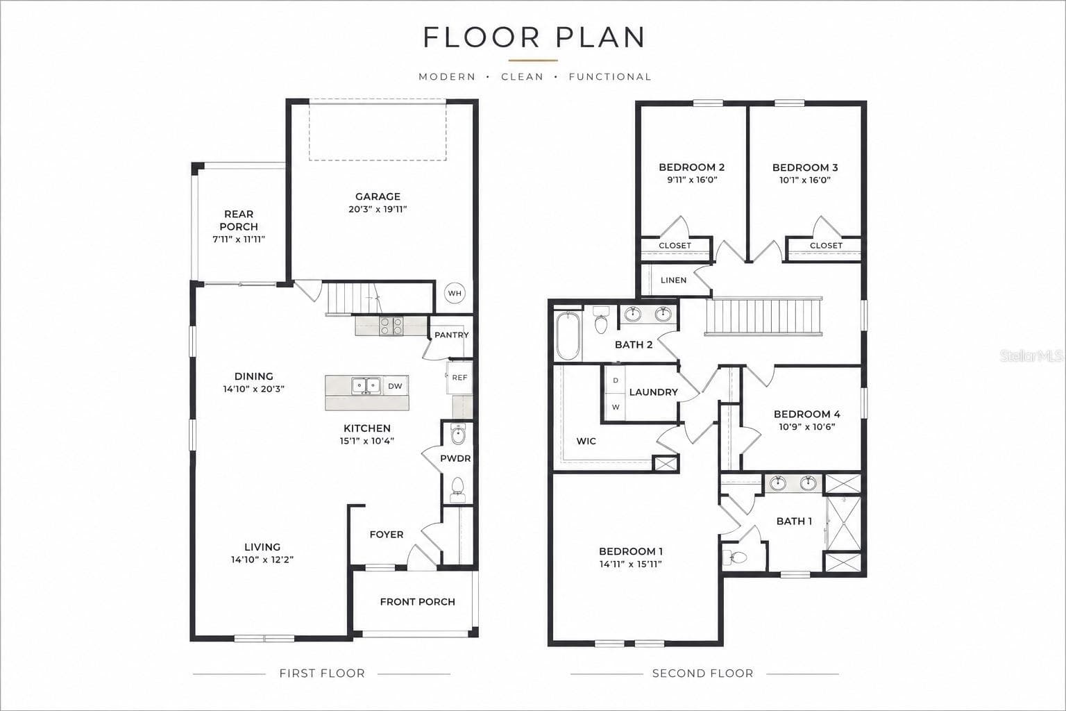 Explore the two-story floor plan featuring 4 bedrooms, 2.5 baths, open-concept living areas, upstairs laundry, covered rear porch and 2-car garage. - 1021 SILVERBELL TRL, ST CLOUD