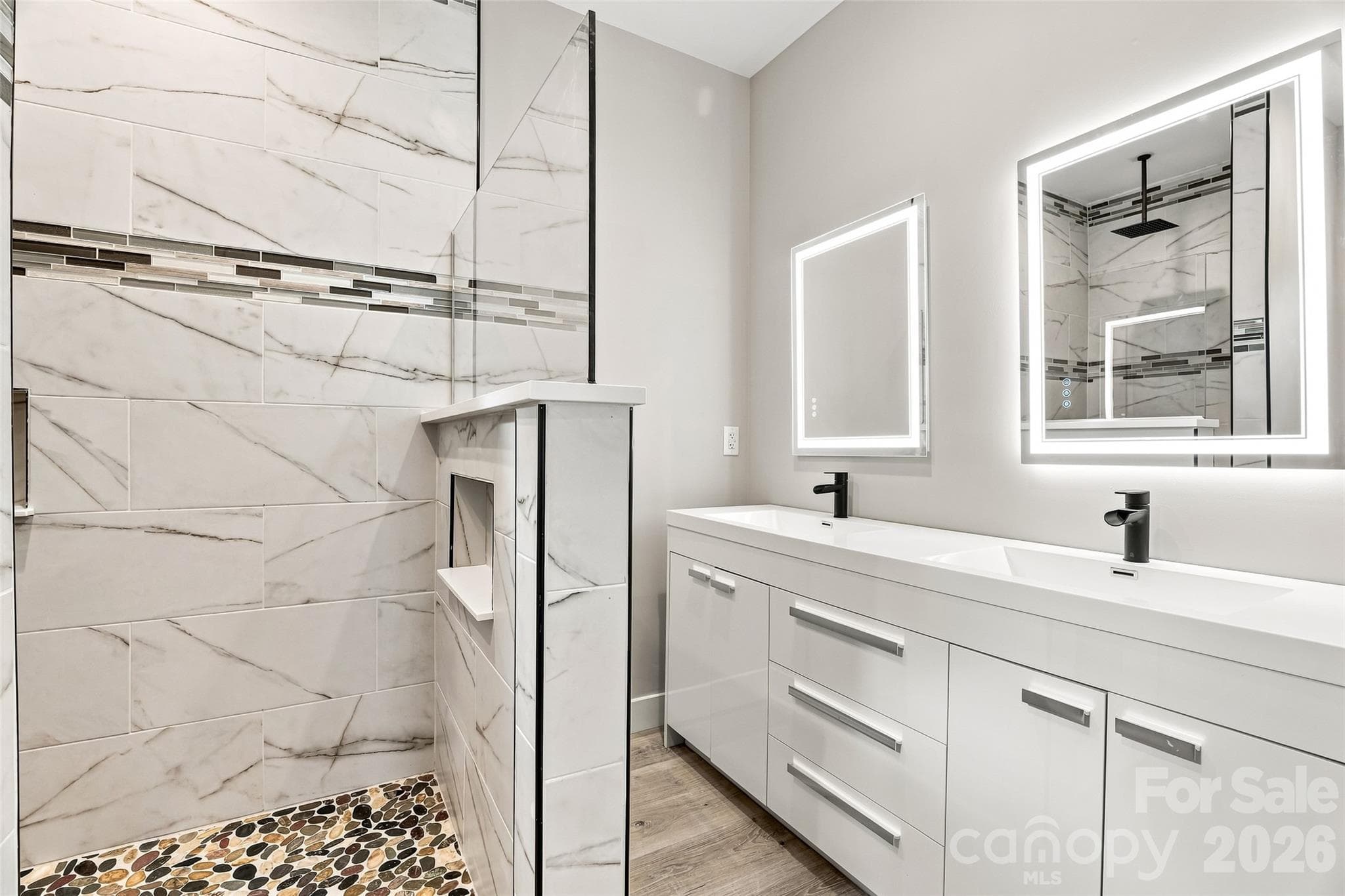 Walk in shower with river-rock and tile and double sinks - 156 Edwards Avenue, Swannanoa