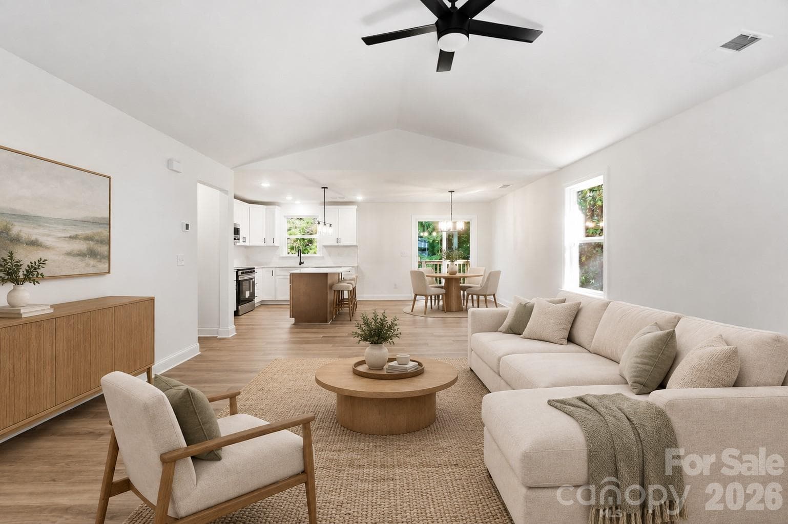 Virtually Staged View of Living Room, Dining Room and Kitchen - 1074 Mountain Crest Drive, Kings Mountain