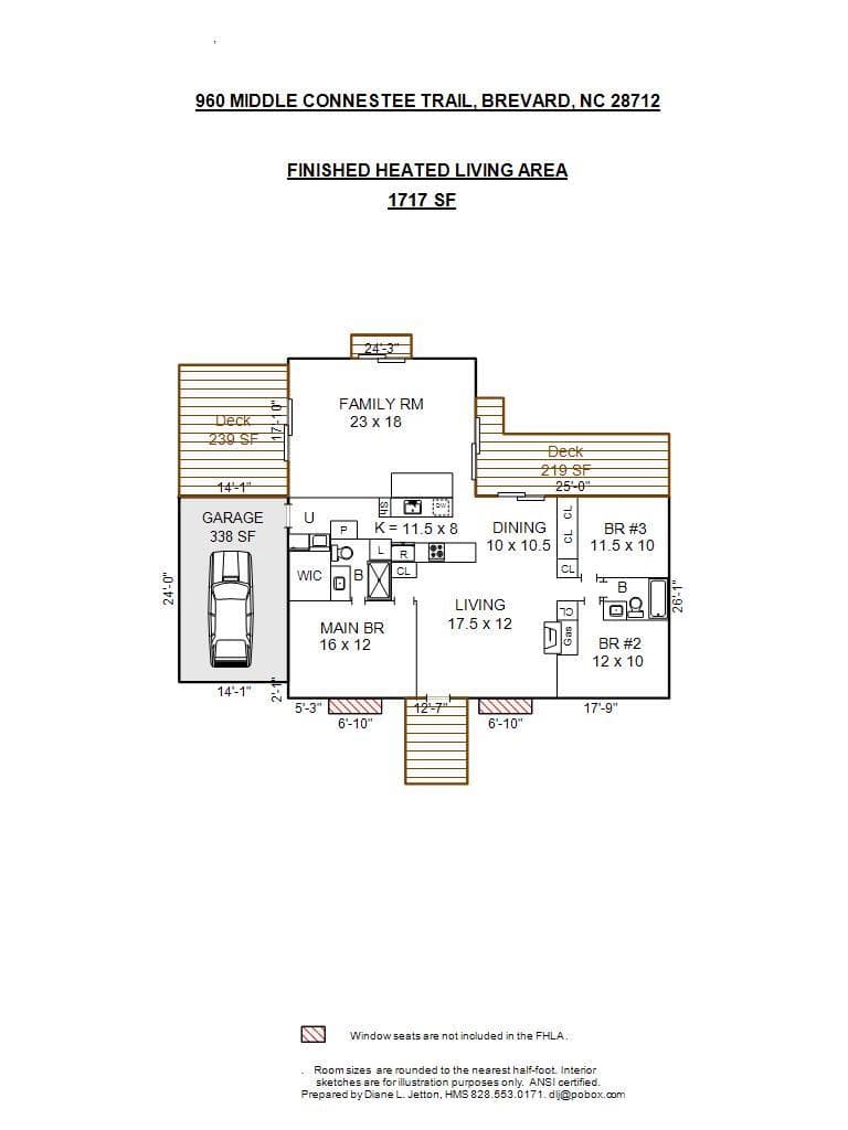 Floor Plan and Measurements - 960 Middle Connestee Trail, Brevard