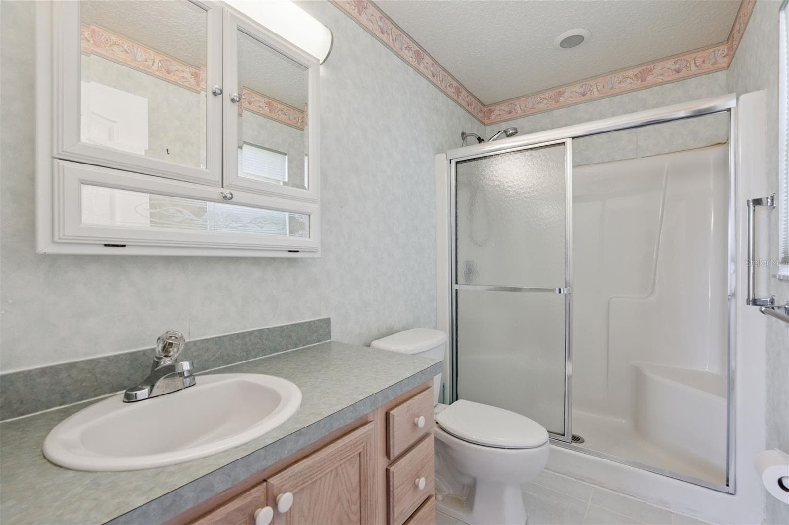 Primary Bath has a Single Vanity and Step In Shower. - 110 TWIN LAKE CIR, UMATILLA