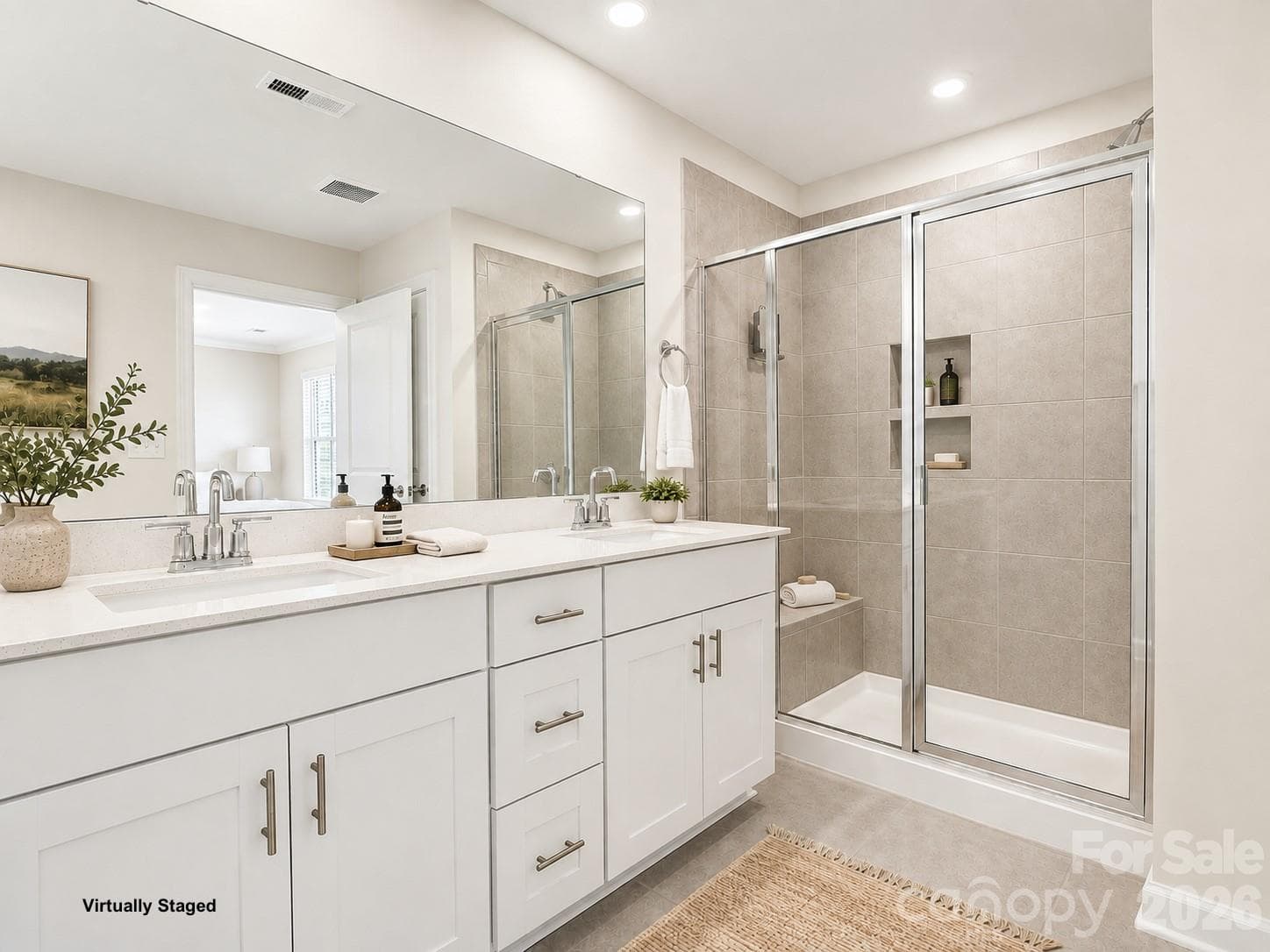 Primary bath with dual sinks, granite tops & spacious walk-in tile shower & walk-in closet. - 518 Nixon Road, Belmont