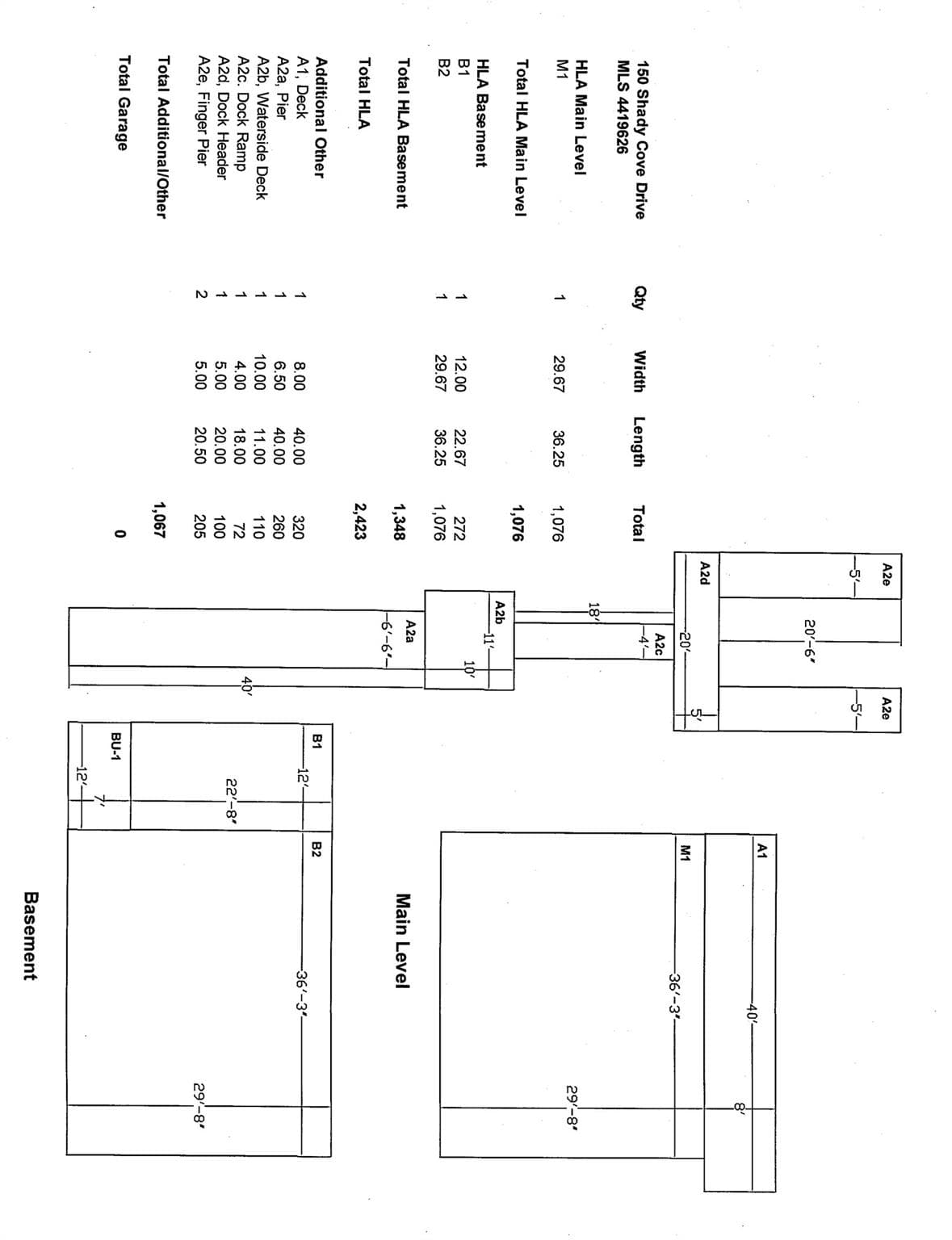 Measurements of house, pier and boat slip - 150 Shady Cove Drive, Troutman