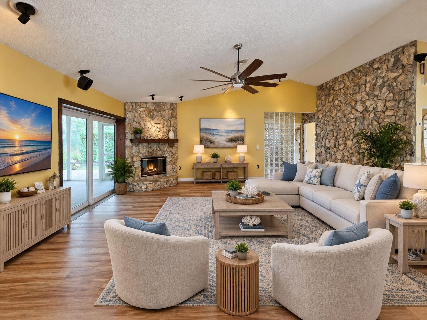 Virtually staged - family room with Fireplace - 1795 BAYHILL DR, OLDSMAR