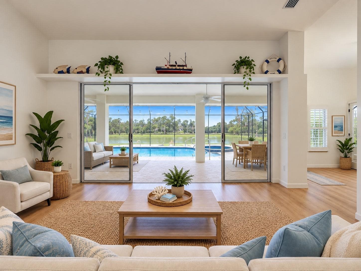 Living room with sliding doors leading to a private backyard tranquil pool and golf course oasis. - 4415 HIGHLAND OAKS CIR, SARASOTA