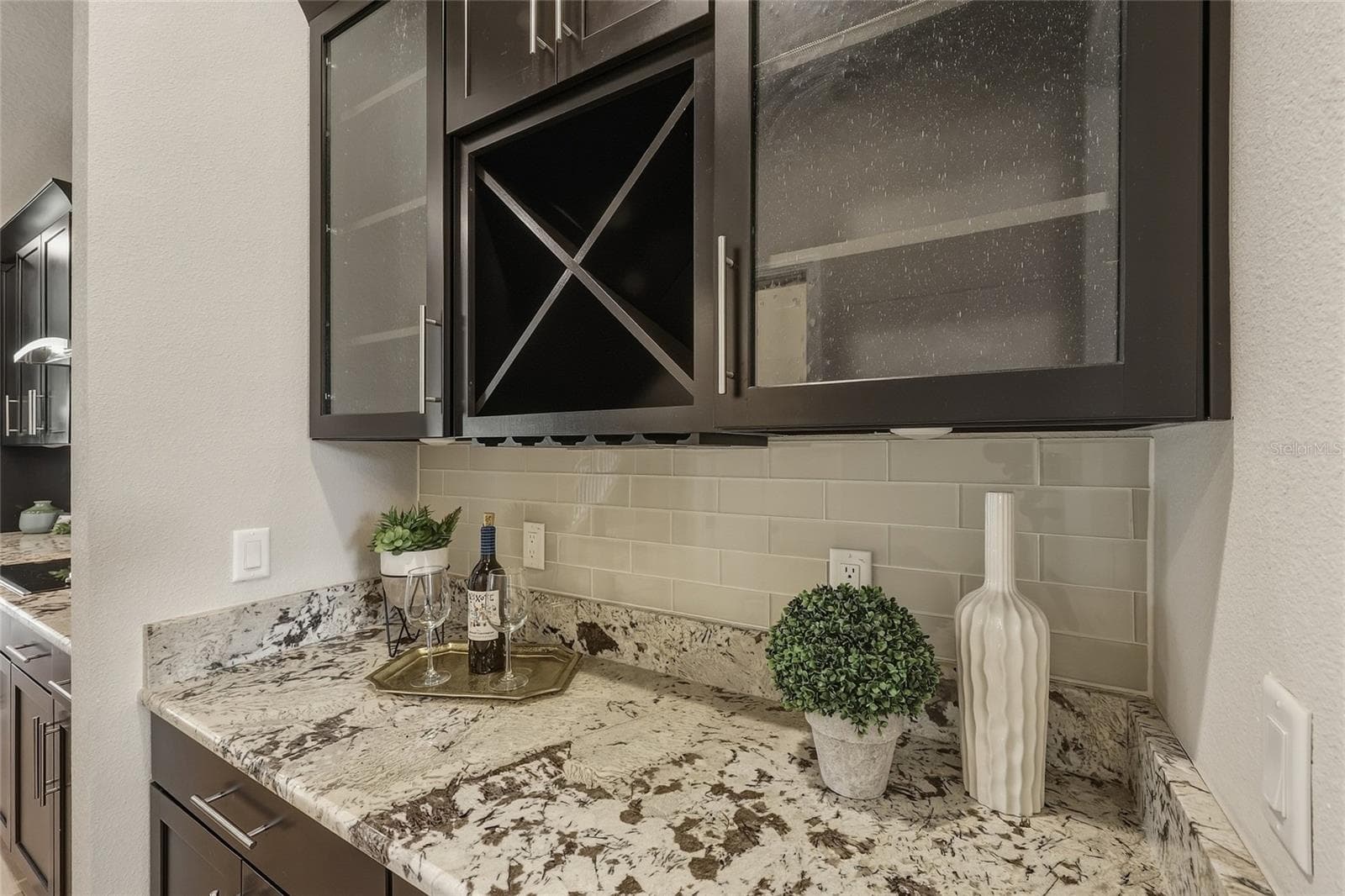 Butler's pantry with built-in wine storage and glass-front cabinetry - 10702 PLEASANT KNOLL DR, TAMPA