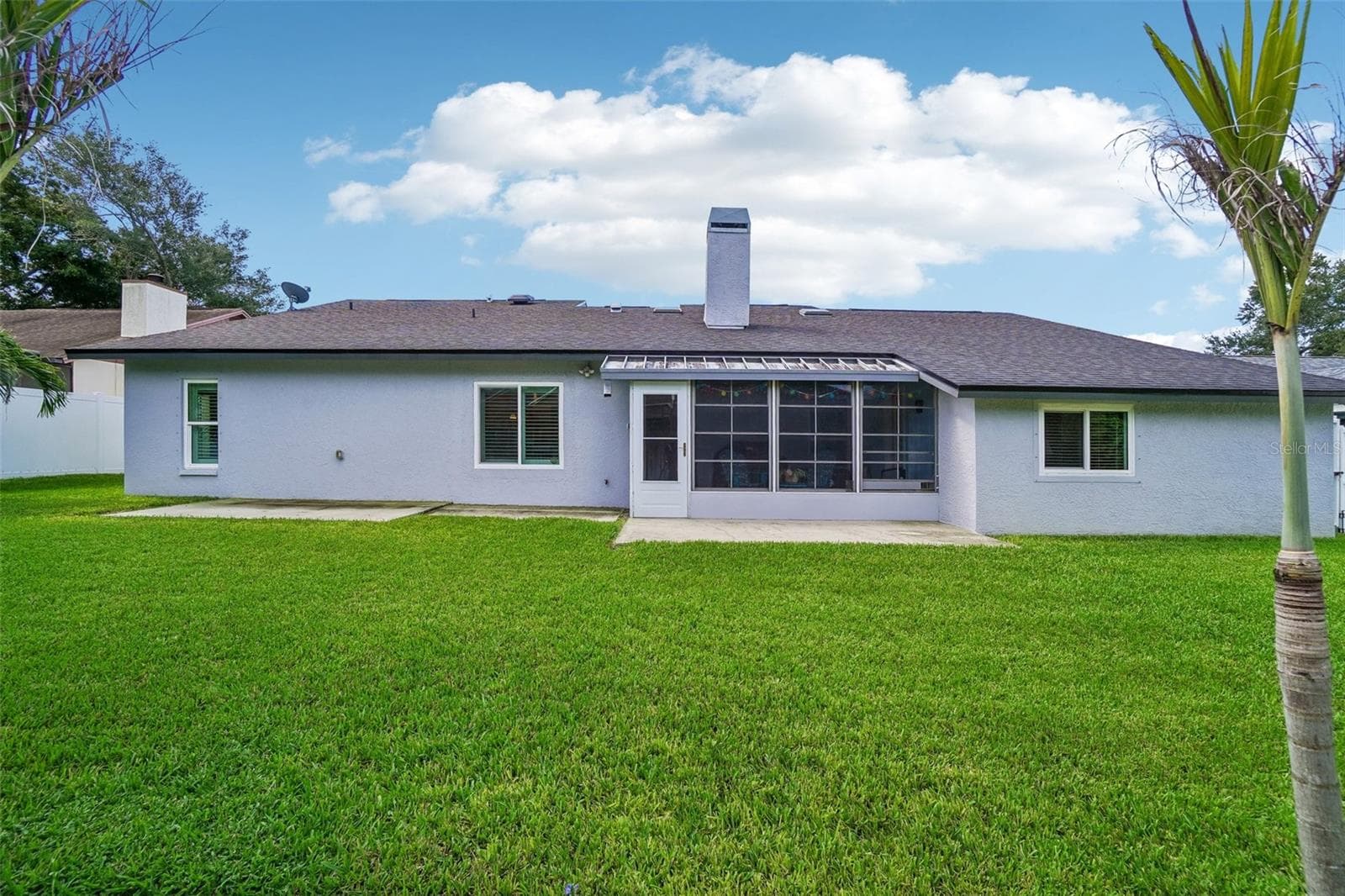 Backyard & Rear Exterior – A straight-on view of the rear elevation showcases the expansive green lawn, enclosed rear patio, and concrete patio areas with mature palms adding a tropical touch. - 971 CORTLAND WAY, PALM HARBOR
