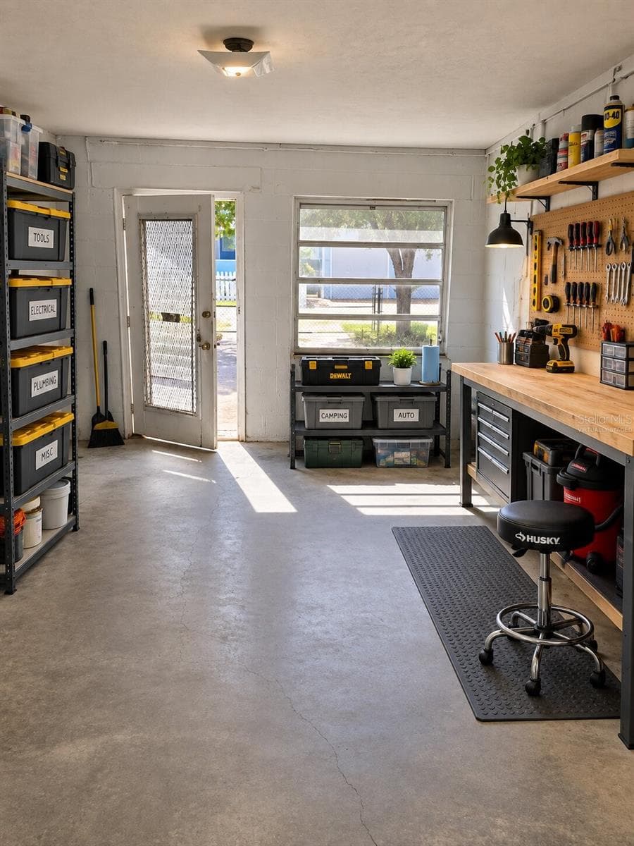 Virtually Staged Garage for storage and workshop. NO garage door. 2 exterior doors and one interior door and multiple windows. - 350 N LEVIS AVE, TARPON SPRINGS