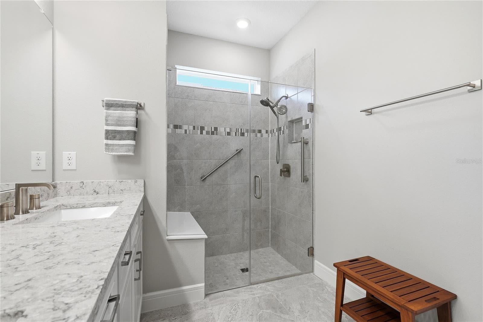 Primary Ensuite with walk in shower and grab bars. - 5535 BLUE CRUSH BND, LAND O LAKES