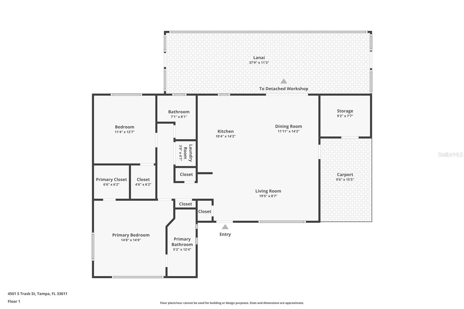 Floorplan: carport and storage to the right could easily expand for 3rd bedroom or office and create instant equity!! - 4501 TRASK ST, TAMPA
