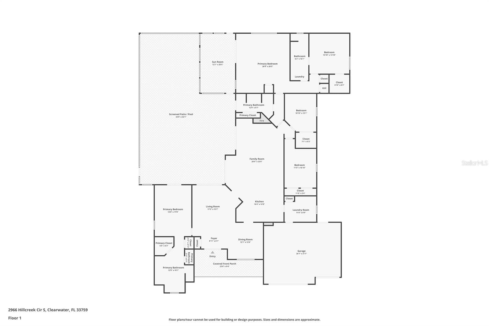 Floor plan-"Primary bedroom" in back is actually In-Law suite. Pool bath (not primary bath) near sunroom. Working on getting corrected. - 2966 HILLCREEK CIR S, CLEARWATER
