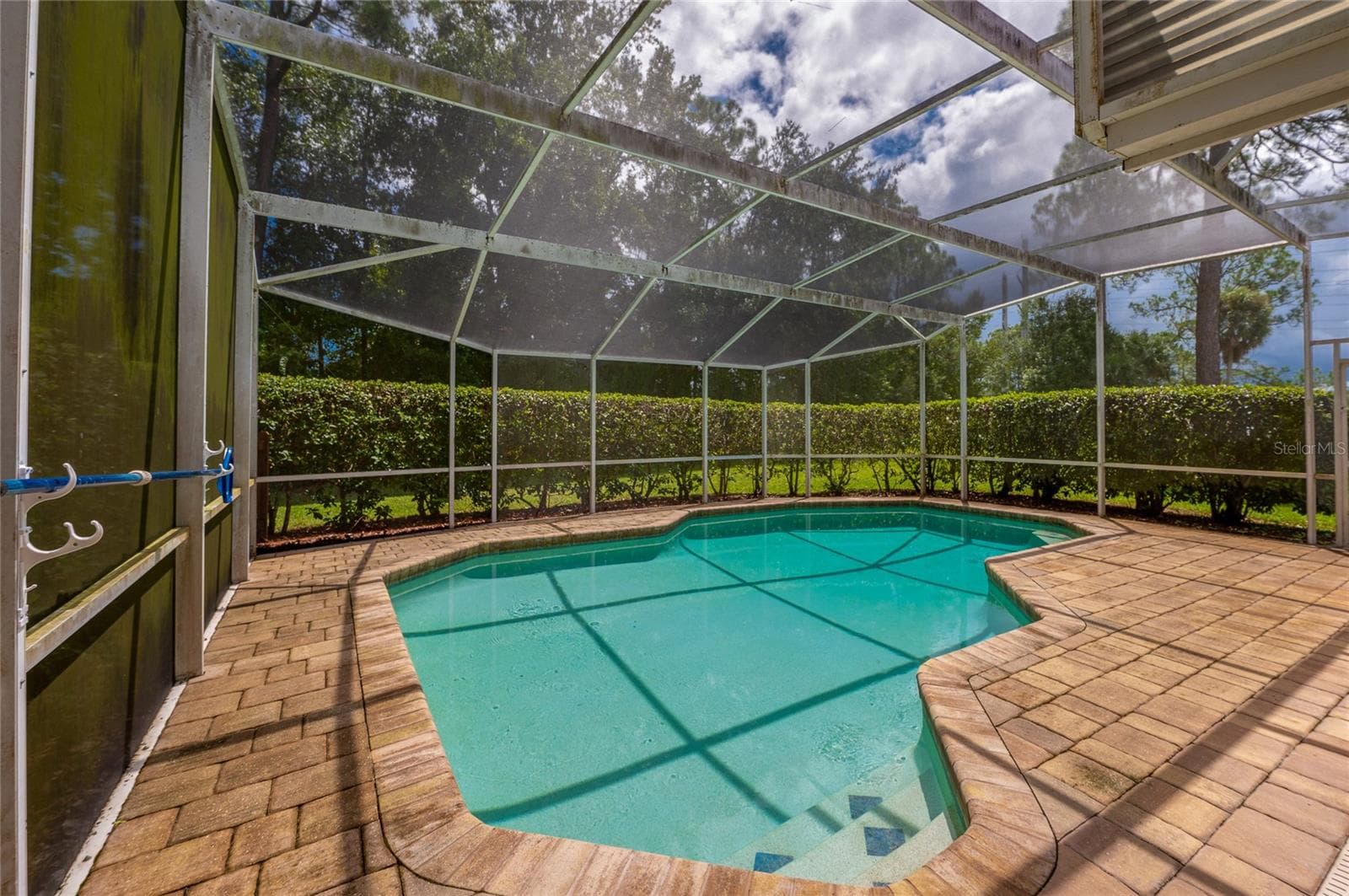 Screened-in pool deck area featuring a paved surround and private hedge line along the perimeter. - 4669 SECRET RIVER TRL, PORT ORANGE