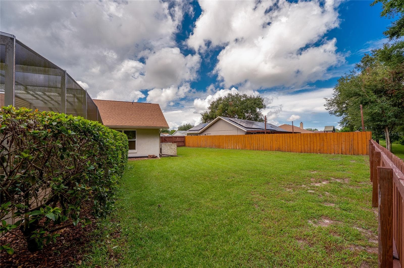 Fenced side yard with a generous stretch of green lawn and mature hedging along the pool structure. - 4669 SECRET RIVER TRL, PORT ORANGE
