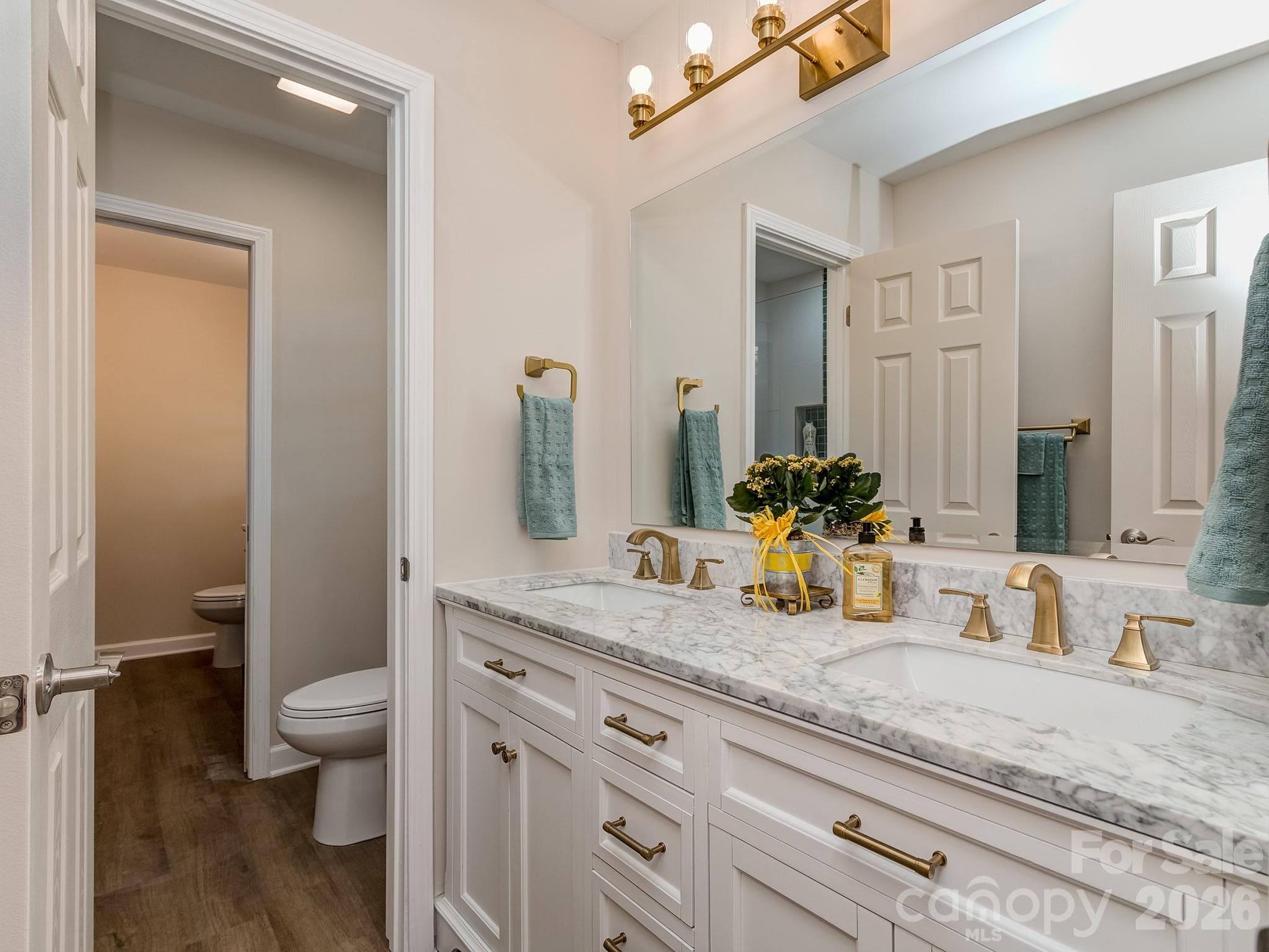 Primary bathroom is beautifully appointed with gold accents throughout. The double vanity has plenty of storage as well as the 5 shelf linen closet. Glass fluted globes on the lighting fixture are dimmable and casts a lovely pattern on the walls. Shower area beyond is separated providing privacy while being used by another. - 2041 Glouchester Circle, Charlotte