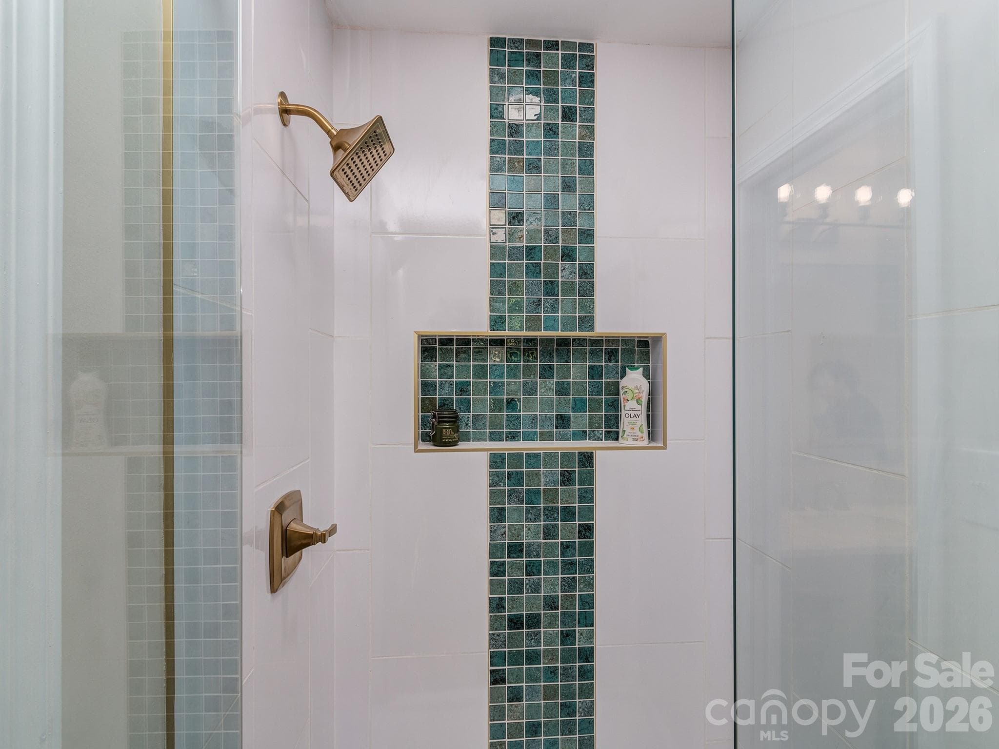 Primary bathroom boasts a beautiful glass enclosed shower with custom tile and gold accents. Large niche with plenty of room for your hair care and body cleansers. - 2041 Glouchester Circle, Charlotte