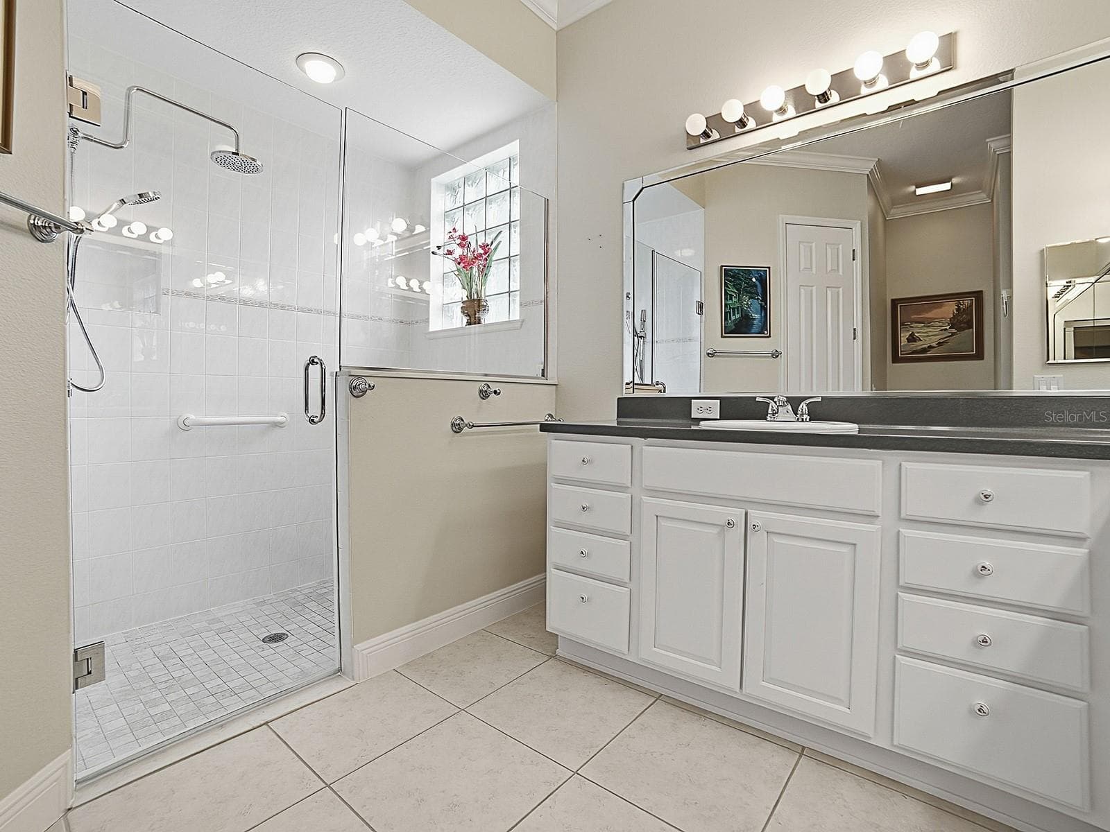 FRAMELESS SHOWER DOOR AND GLASS BLOCK WINDOW FOR NATURAL LIGHTING. - 1897 HARTFORD PATH, THE VILLAGES