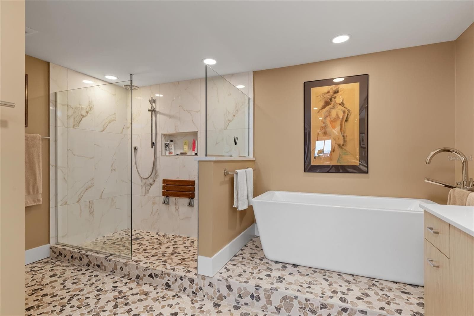 Teak fold down shower seat, frameless glass shower with multiple shower heads, soaking tub - 1600 W MARION AVE #224, PUNTA GORDA