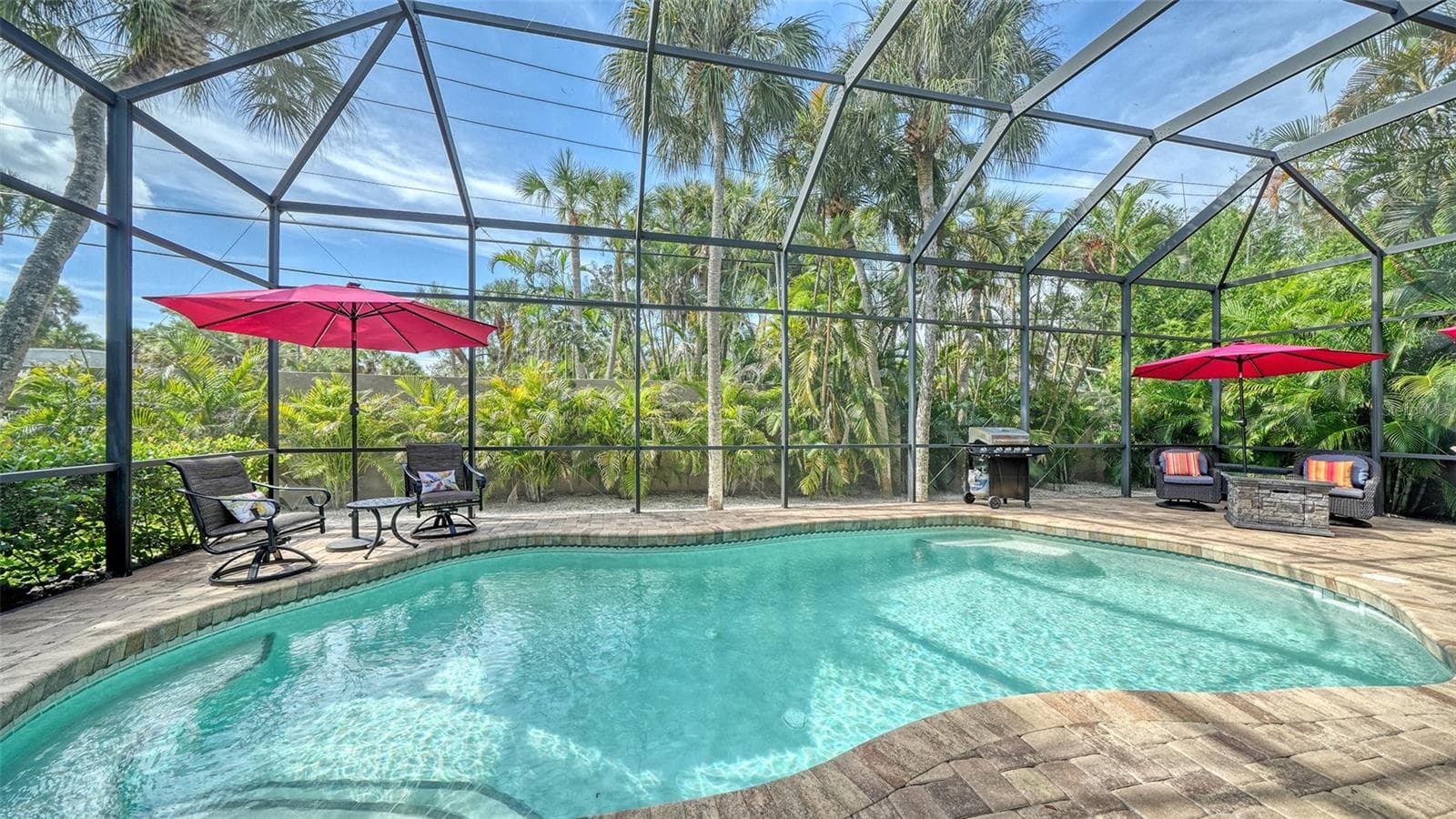 Heated free-form saltwater pool surrounded by tropical landscaping and privacy screening. - SARASOTA