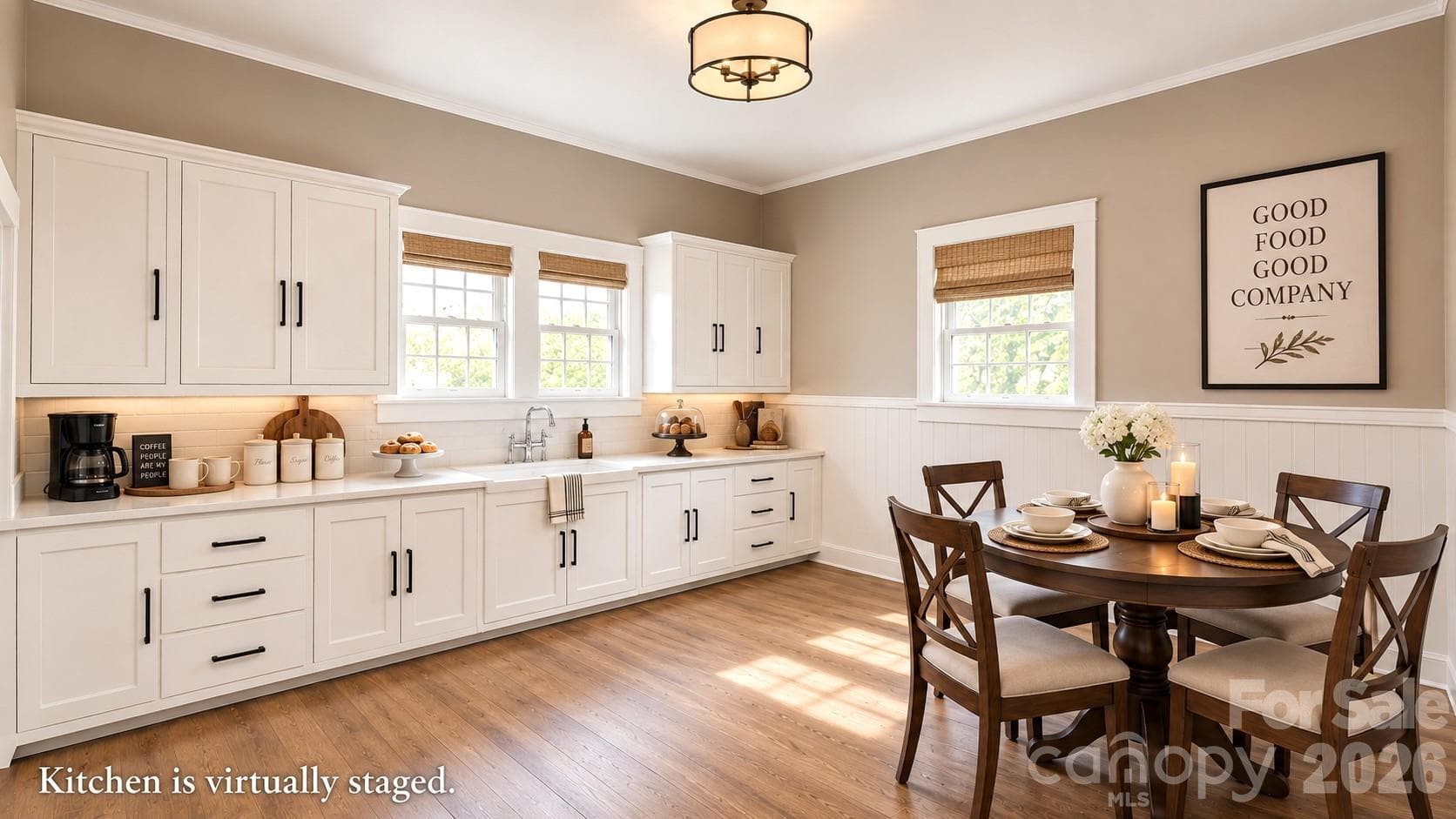 Huge Kitchen with new LVP flooring. (Some actual staging & some virtual staging in this photo.) - Concord