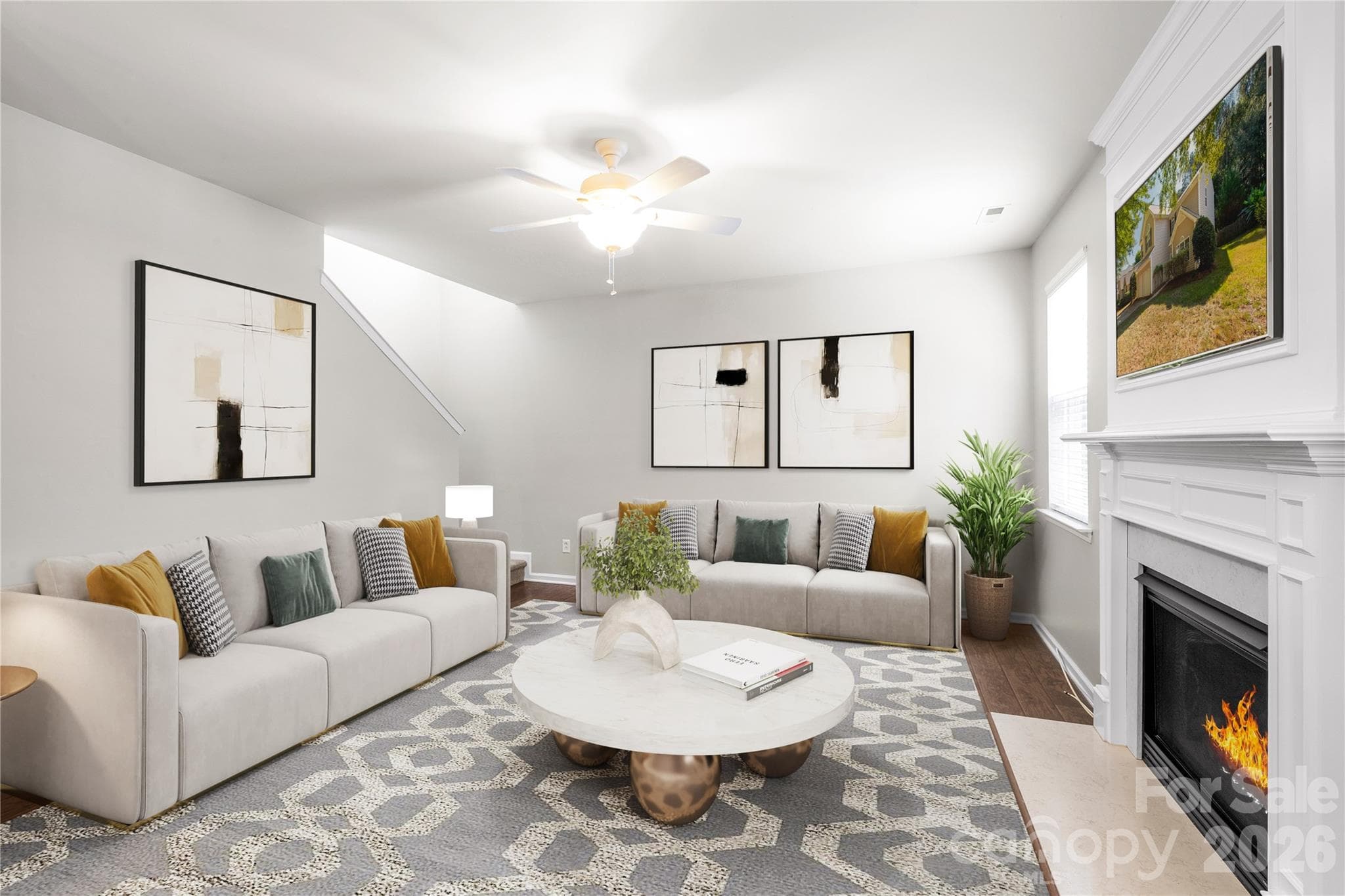 Virtually staged great room with fireplace - 4260 Wiregrass Road, Indian Land