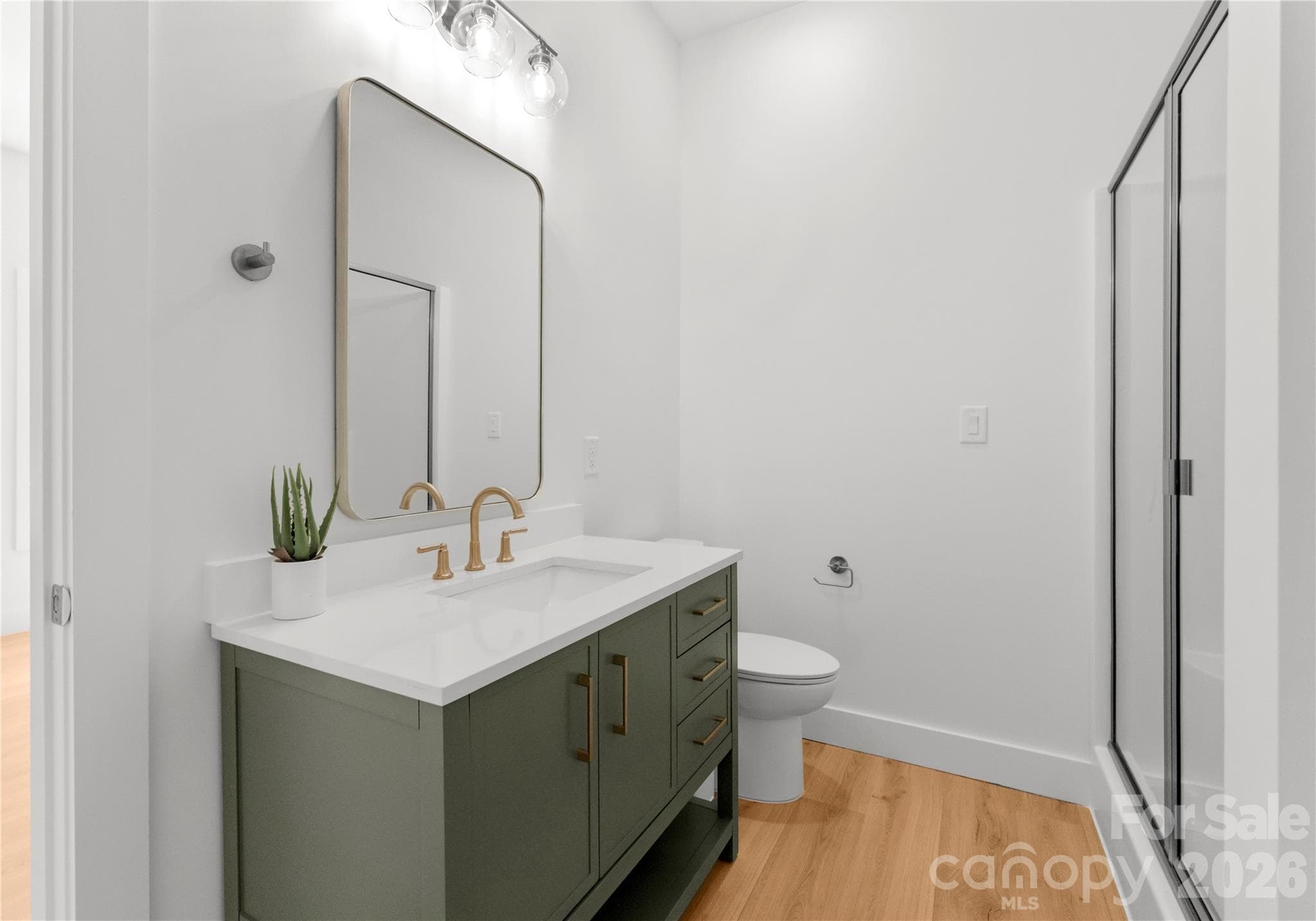 An olive-green vanity and brass fixtures add warmth to this bright bathroom. - 143 Hideaway Lane, Mooresville
