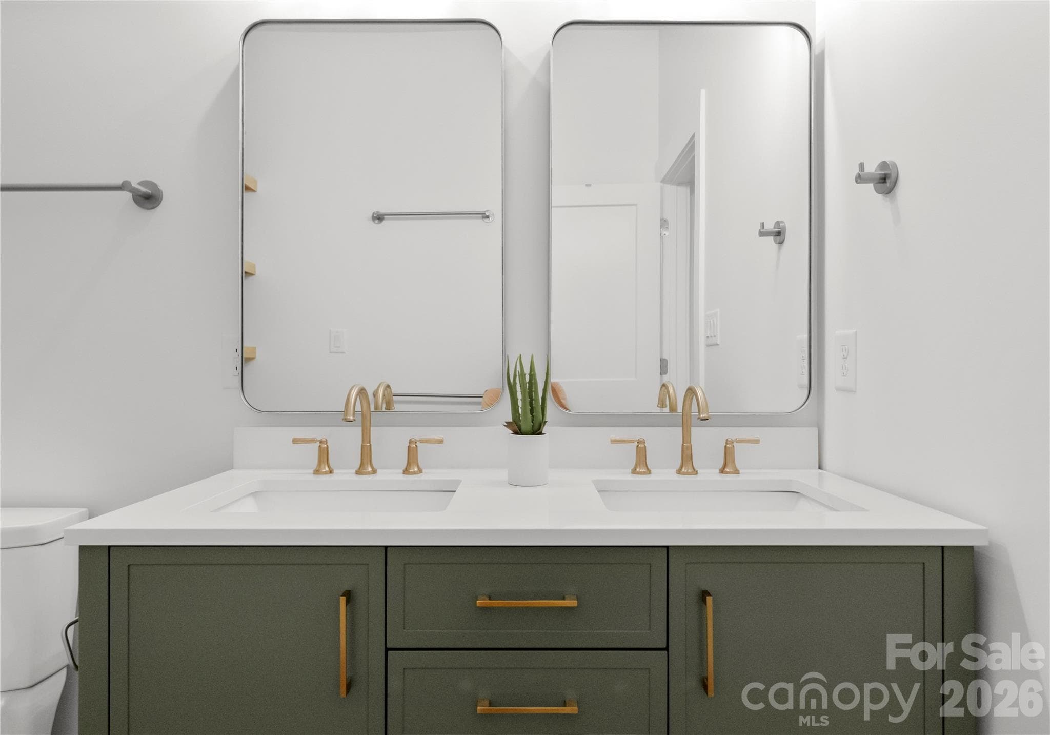 Two sinks, brass fixtures, and olive-green cabinetry create a refined space with room to get ready. - 143 Hideaway Lane, Mooresville