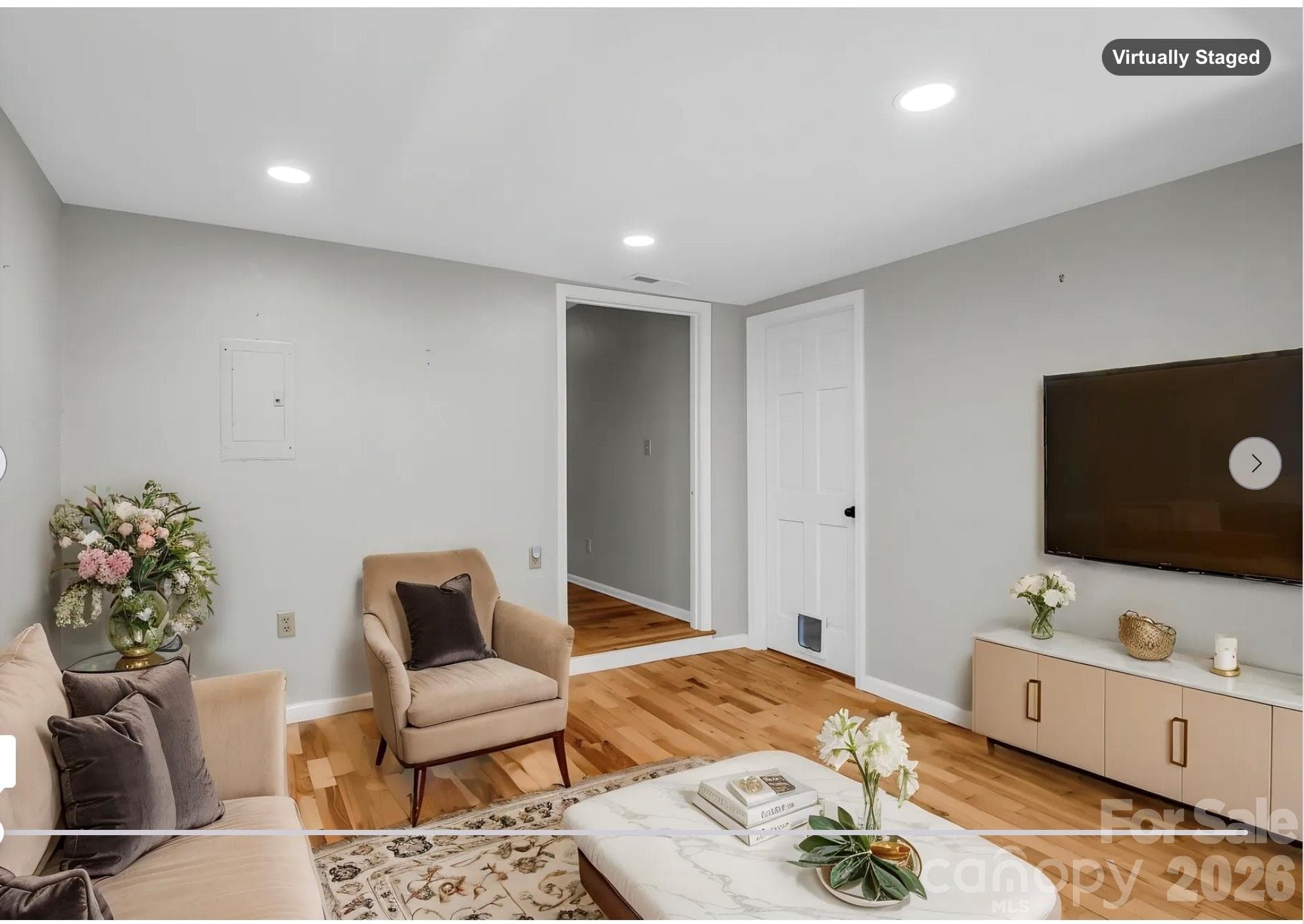 Living Room area beside Dining Area, hall to bedrooms - Virtually Staged - 35 Chastain Hill Road, Mills River
