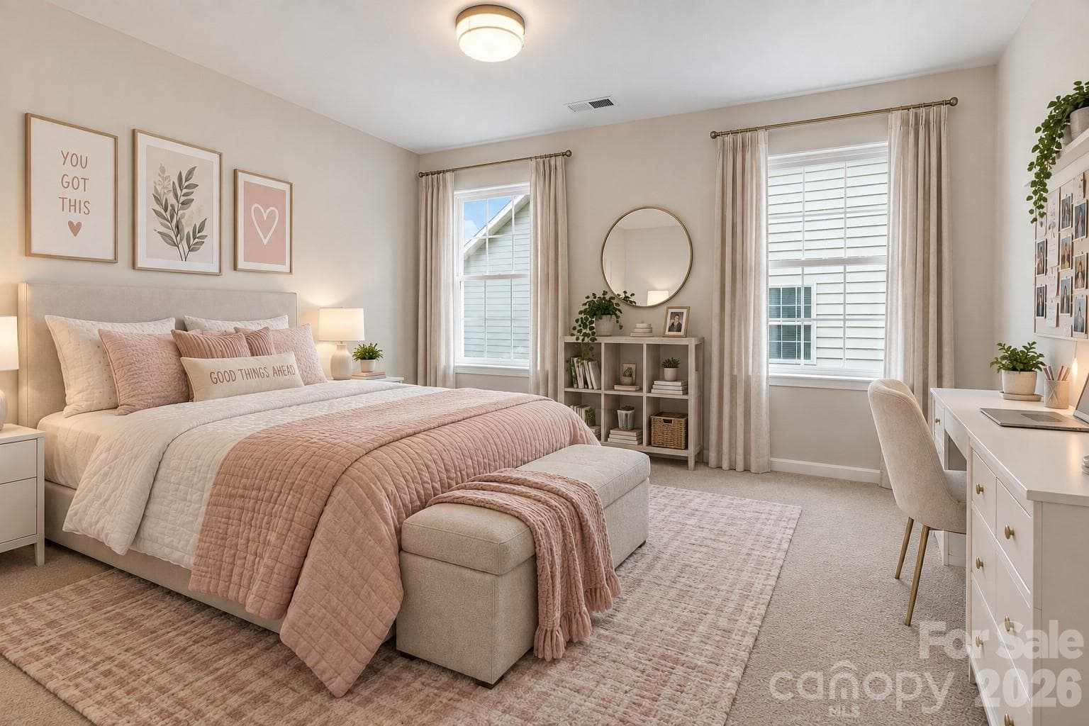 Bedroom 2 offers a comfortable layout with ample space for a full bedroom suite and additional furnishings - 2015 Kensley Drive, Waxhaw