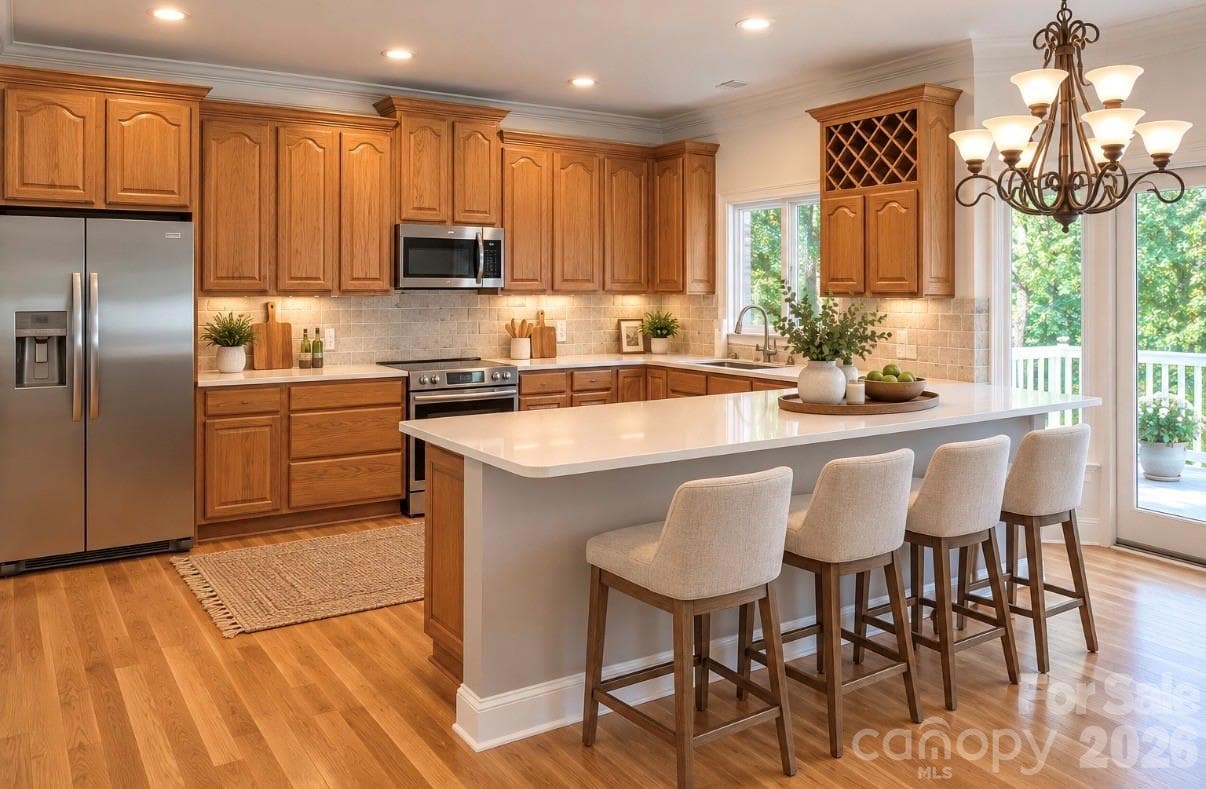 Virtually staged kitchen with breakfast bar. - 140 Holt Lane, Mooresville