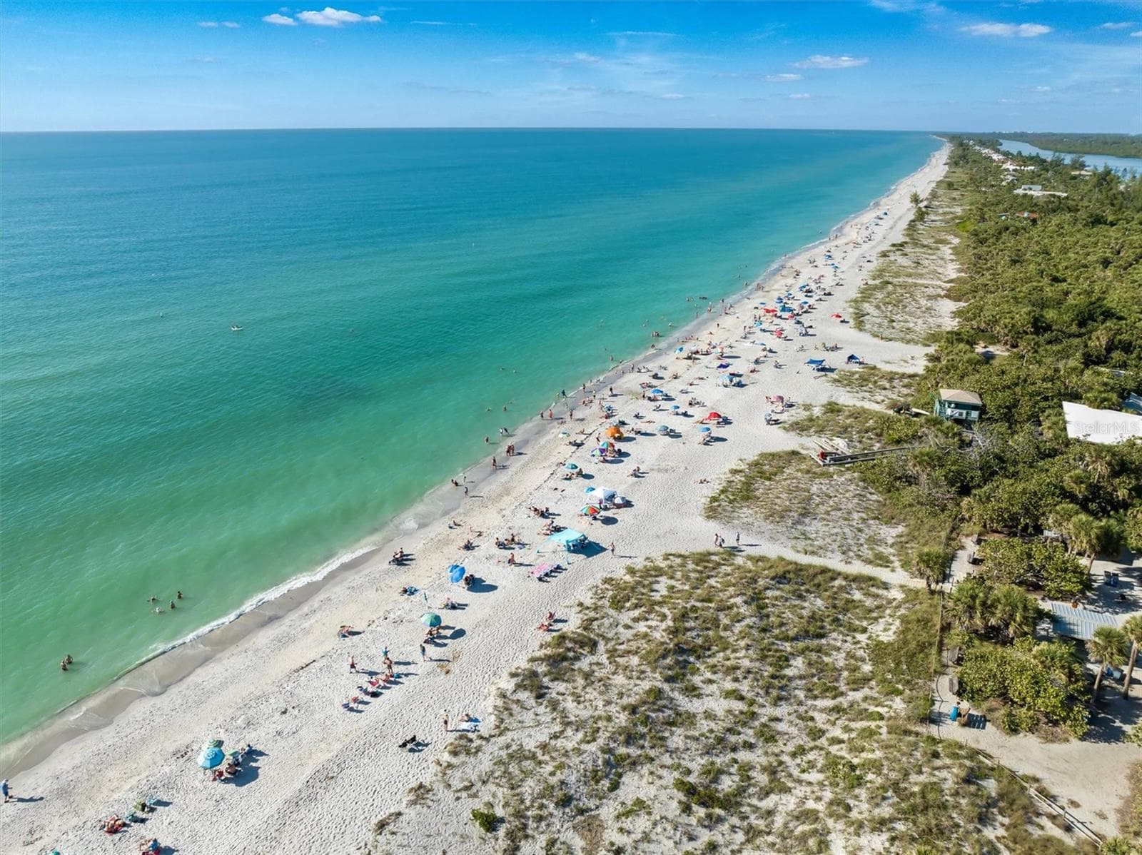Aerial view highlights the home’s coastal Nokomis location, with the beach and Legacy Trail about 3 miles away, six Gulf beaches within approximately 8 miles, and easy access to Venice and Sarasota. - 142 2ND AVE, NOKOMIS