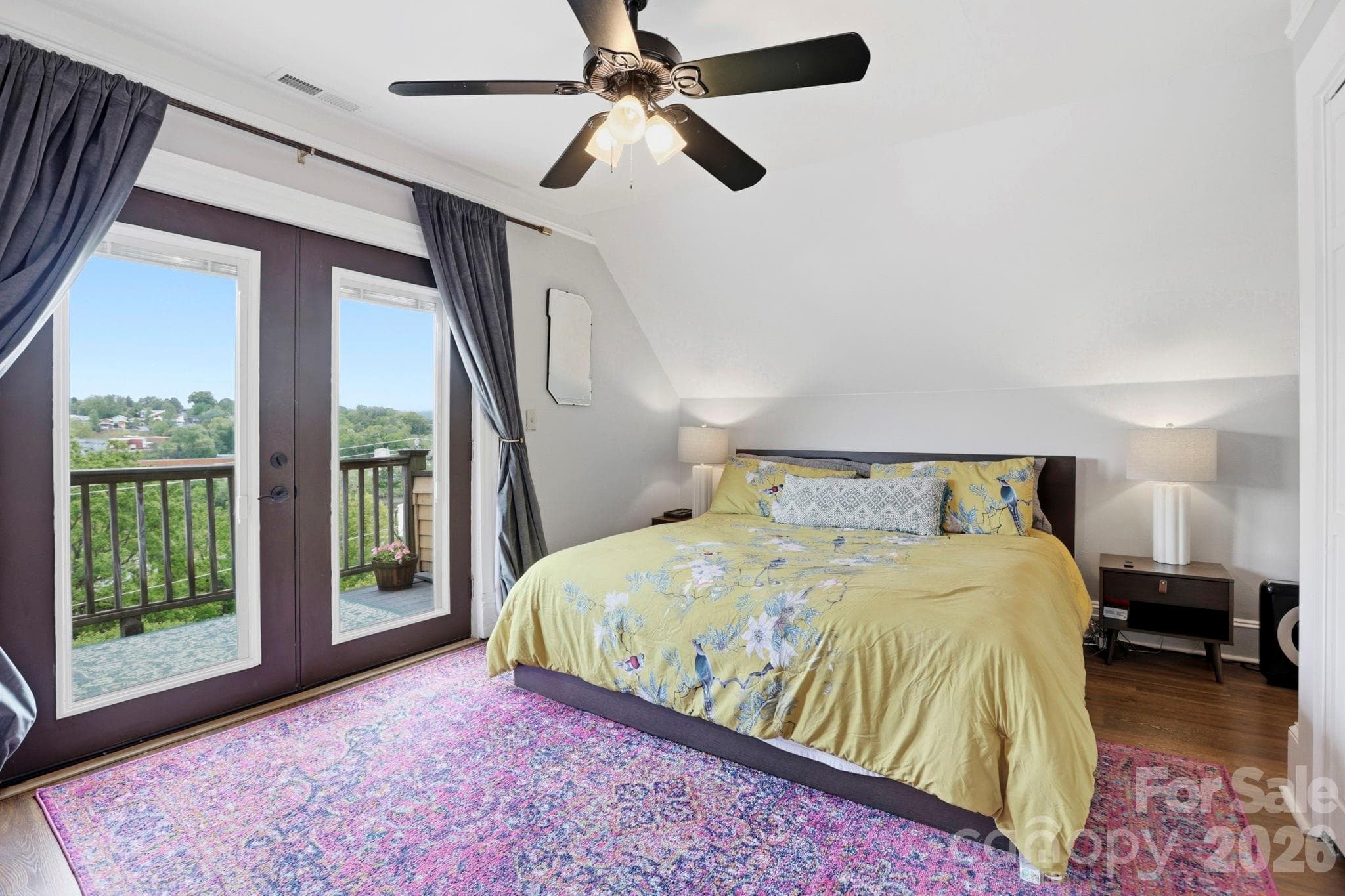 Primary bedroom with Juliet balcony and VIEWS of River Arts district - 60 Roberts Street, Asheville