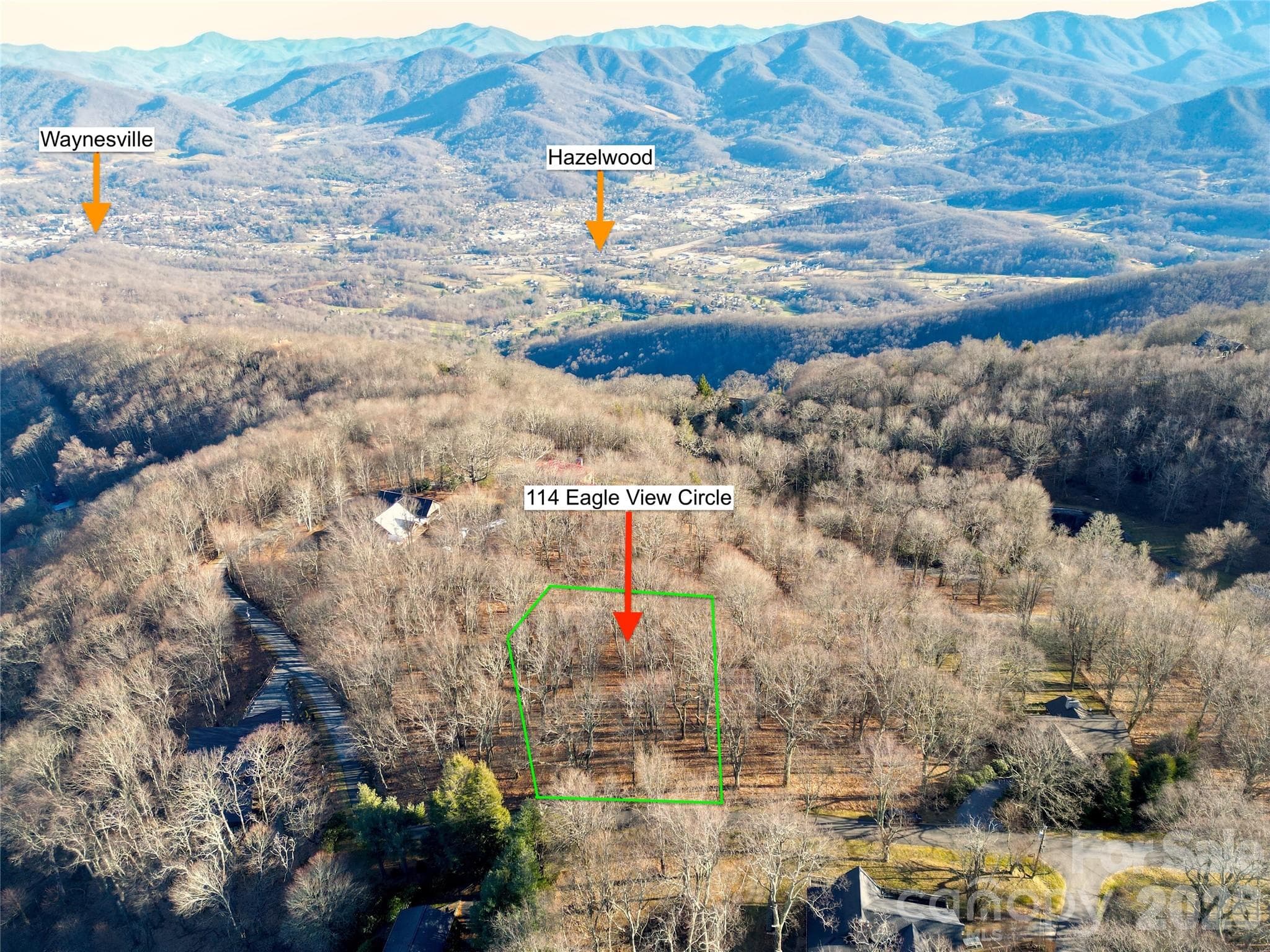 Aerial location view with approximate locations.  Verify with survey. - 114 Eagle View Circle, Waynesville