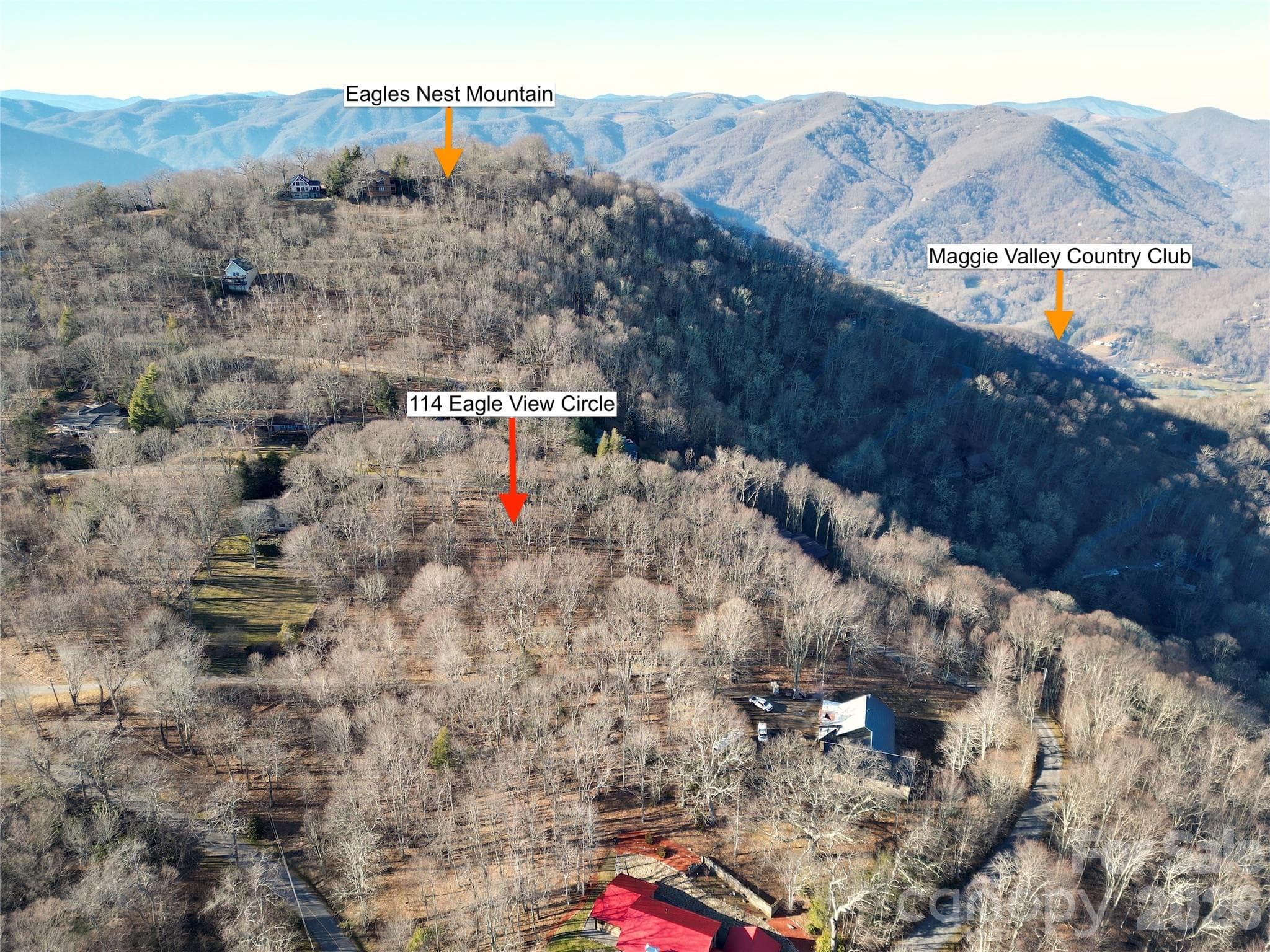 Aerial location view with approximate locations.  Verify with survey. - 114 Eagle View Circle, Waynesville