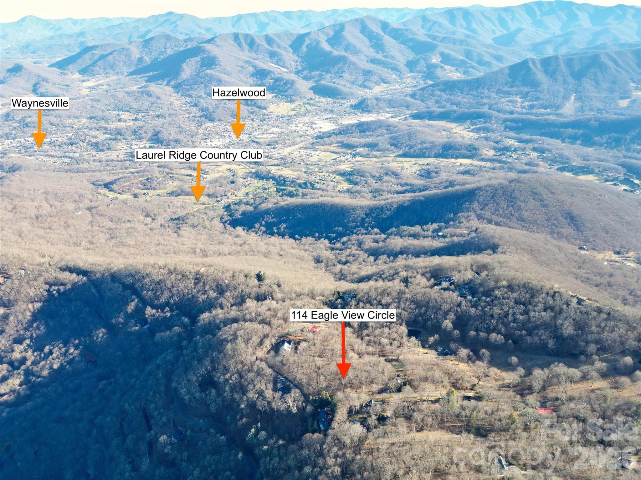 Aerial location view with approximate locations.  Verify with survey. - 114 Eagle View Circle, Waynesville