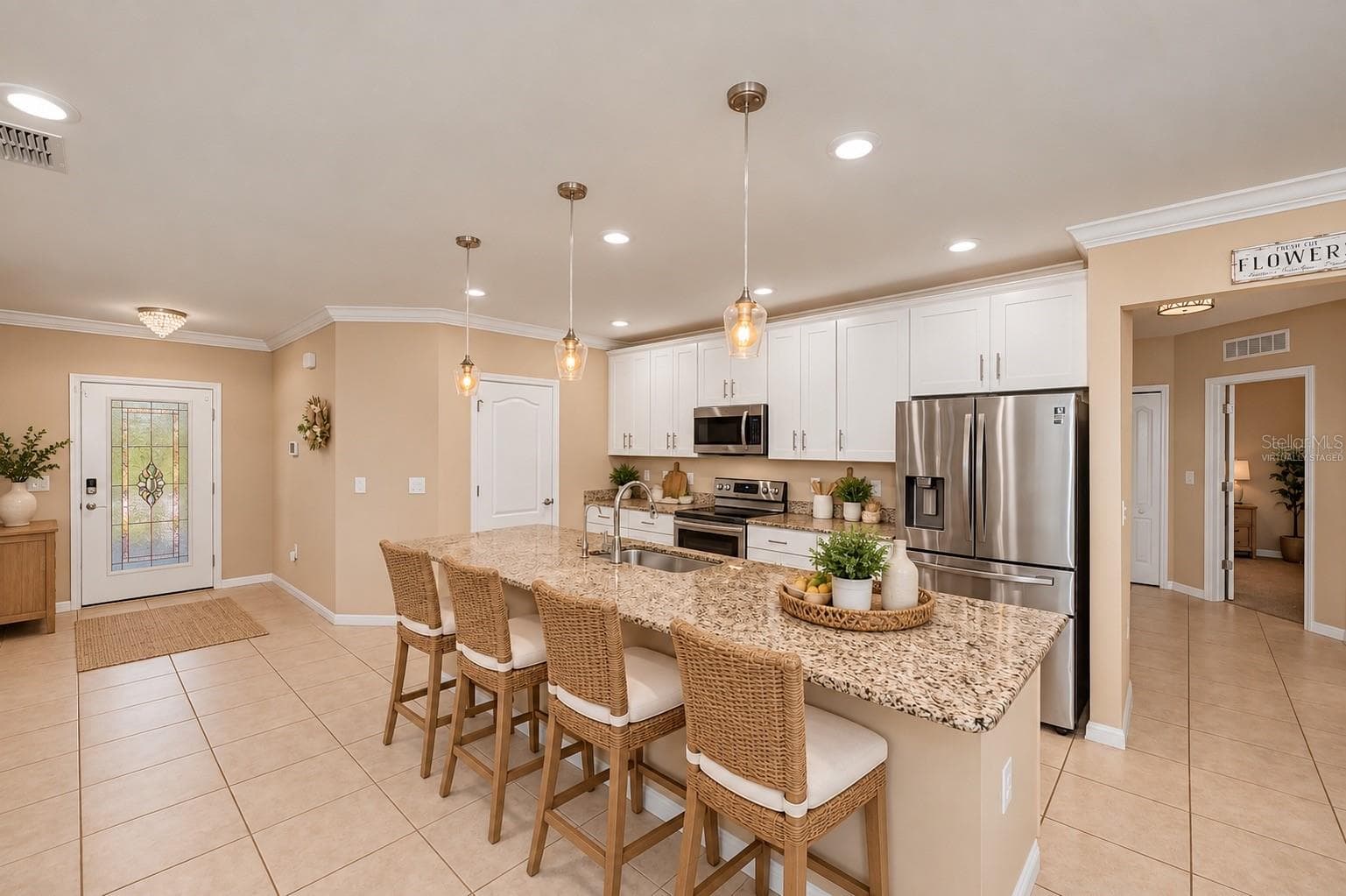 Virtually Staged Kitchen Features Granite Countertops, Stainless Appliances & Massive Breakfast Bar. - 640 ENCARNACION ST, PUNTA GORDA