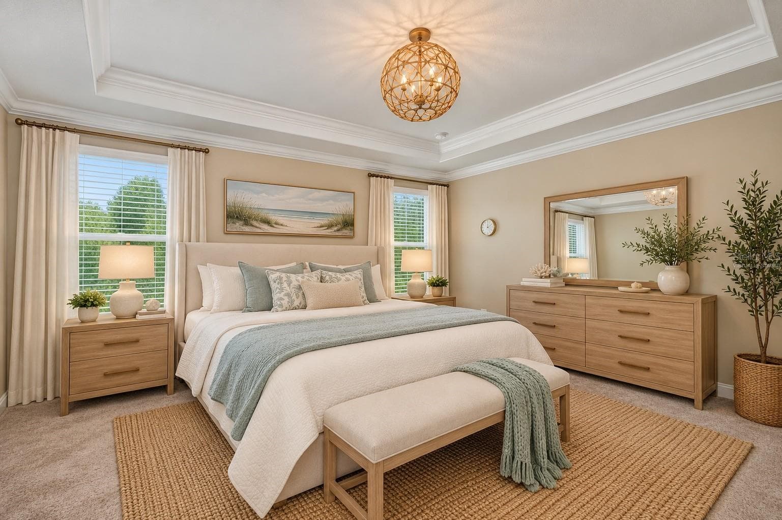 Virtually Staged Luxurious Primary Suite with Tray Ceiling, Crown Molding & Designer Lighting. - 640 ENCARNACION ST, PUNTA GORDA