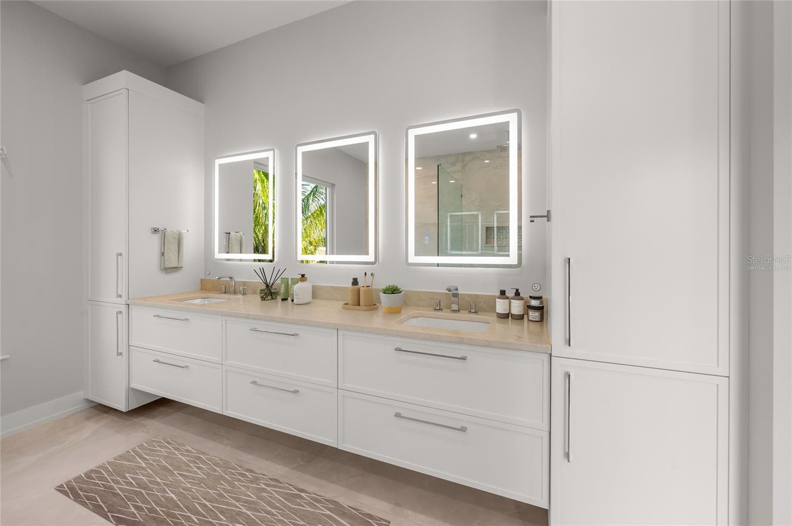 Virtually staged primary bath designed as a serene, spa-inspired retreat with luxurious finishes. - 3360 BAYOU SOUND, LONGBOAT KEY