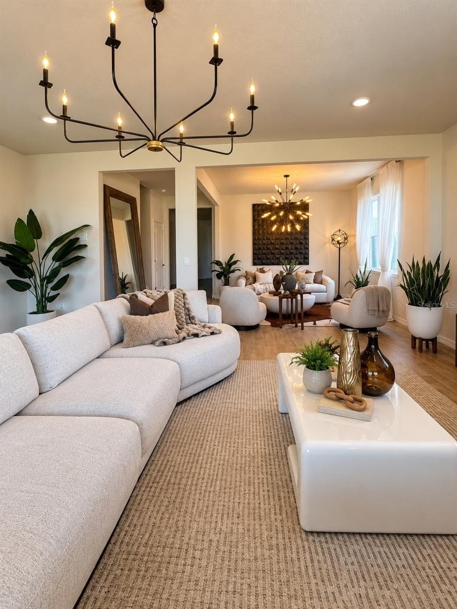 Spacious main living room showcasing the home’s open-concept layout and seamless connection to the additional living area - 6735 REVERIE PARK AVE, ORLANDO