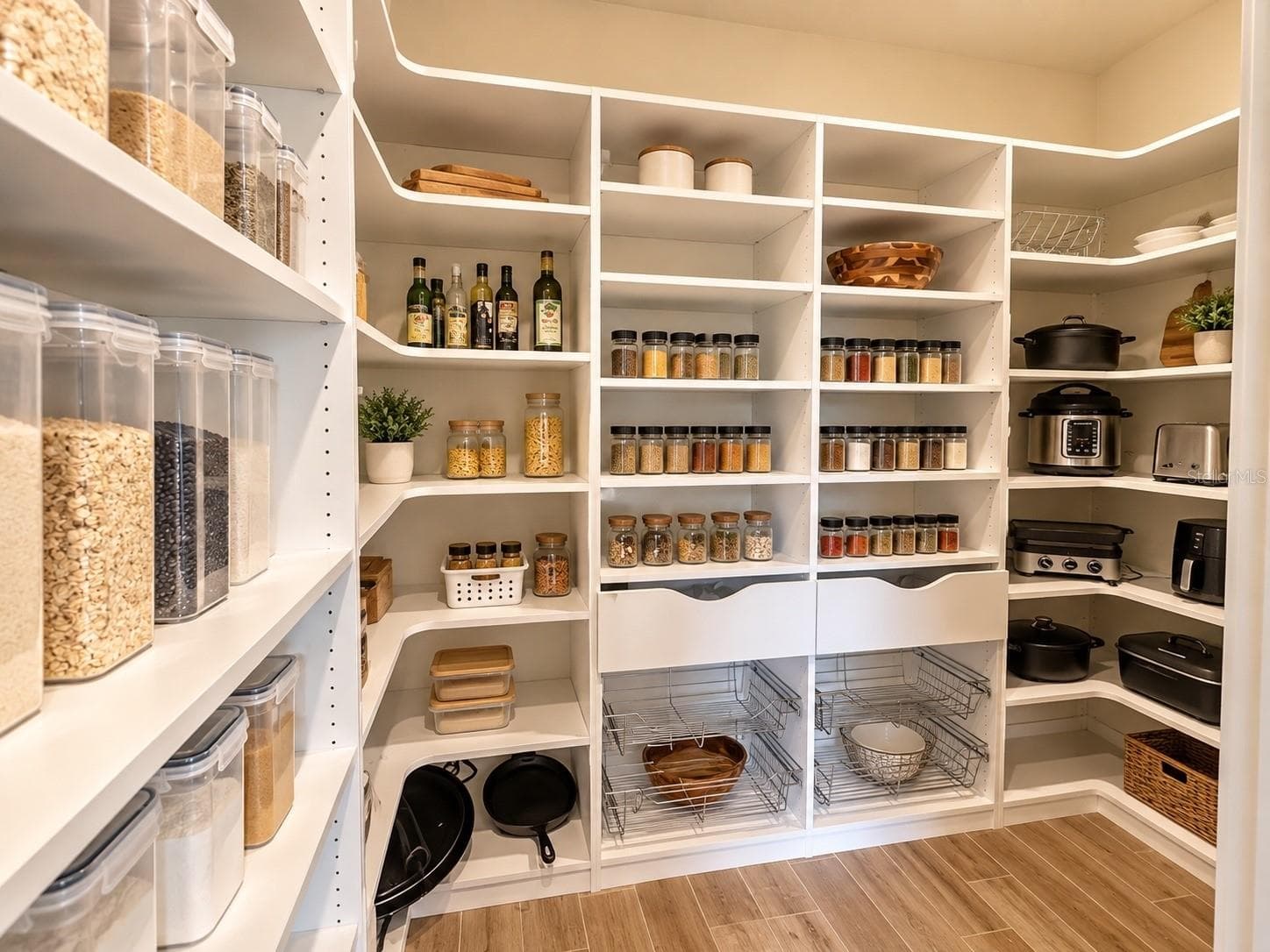 Spacious walk-in pantry featuring custom built-in shelving and abundant storage for kitchen essentials and small appliances. - 6735 REVERIE PARK AVE, ORLANDO