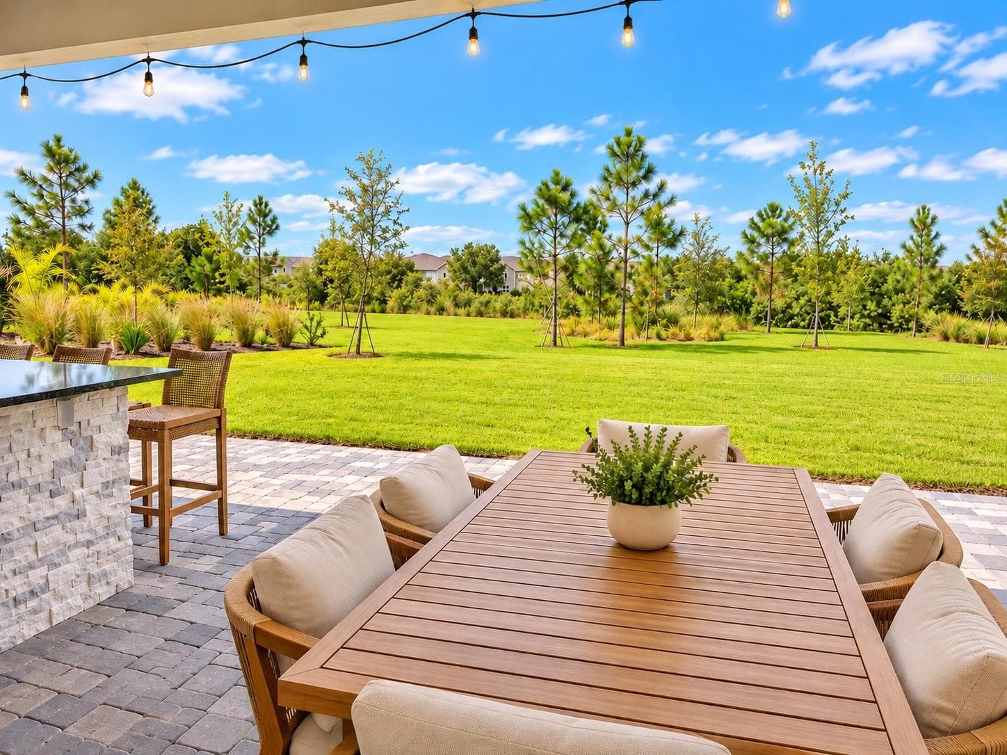 Covered lanai overlooking a peaceful, expansive green space with beautiful open views and no immediate rear neighbors. - 6735 REVERIE PARK AVE, ORLANDO