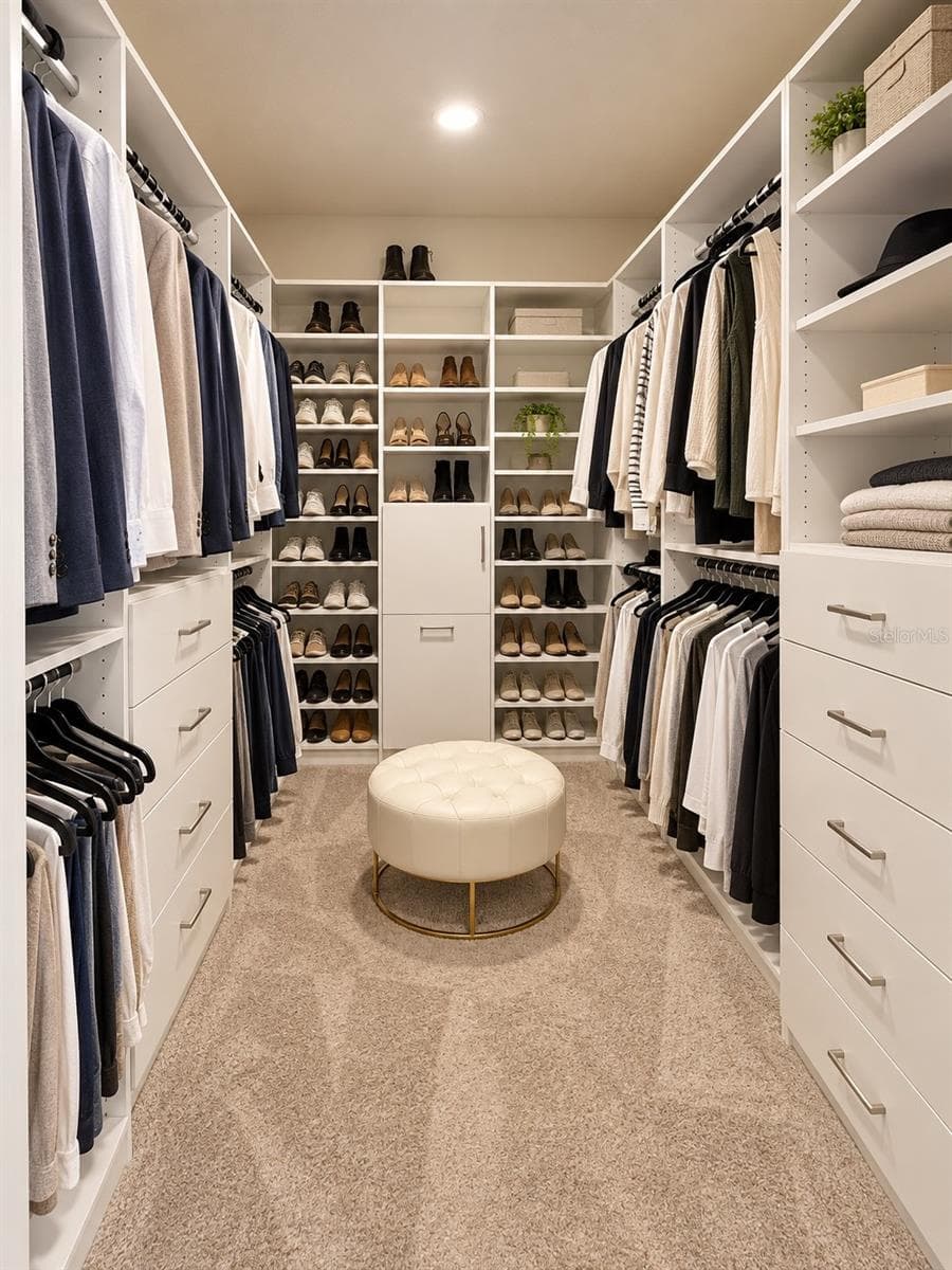 Primary Walk-In Closet: Spacious custom walk-in closet featuring extensive built-in shelving, multiple hanging areas, drawers, and dedicated shoe storage, offering exceptional organization and generous storage space - 6735 REVERIE PARK AVE, ORLANDO
