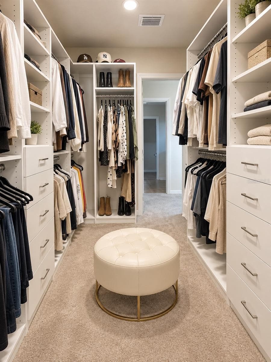 Generously sized custom walk-in closet with extensive built-in cabinetry, drawers, shelving, and double hanging areas, providing exceptional storage and organization with a clean, functional layout. - 6735 REVERIE PARK AVE, ORLANDO